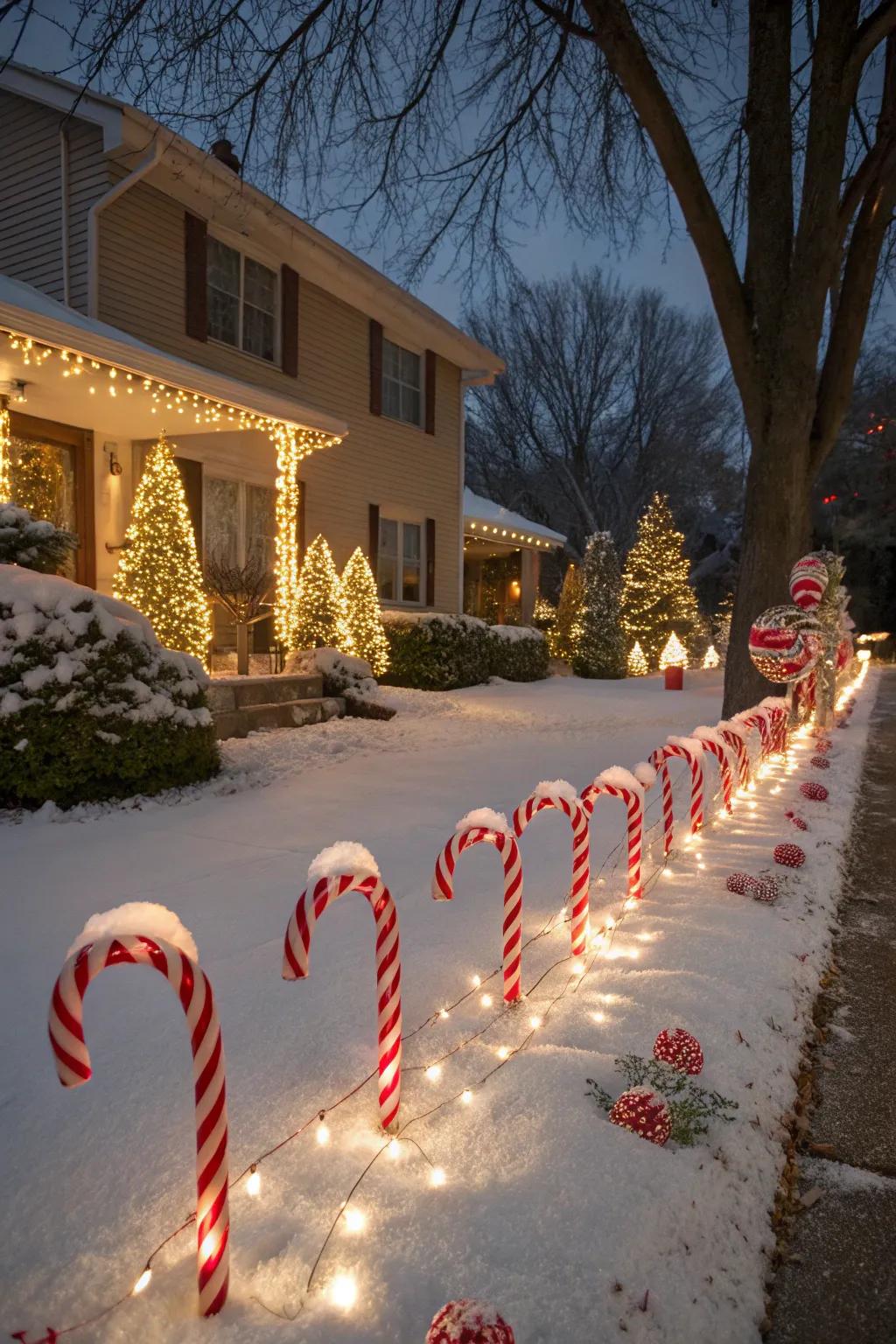 Enchant your garden with candy cane lawn displays.