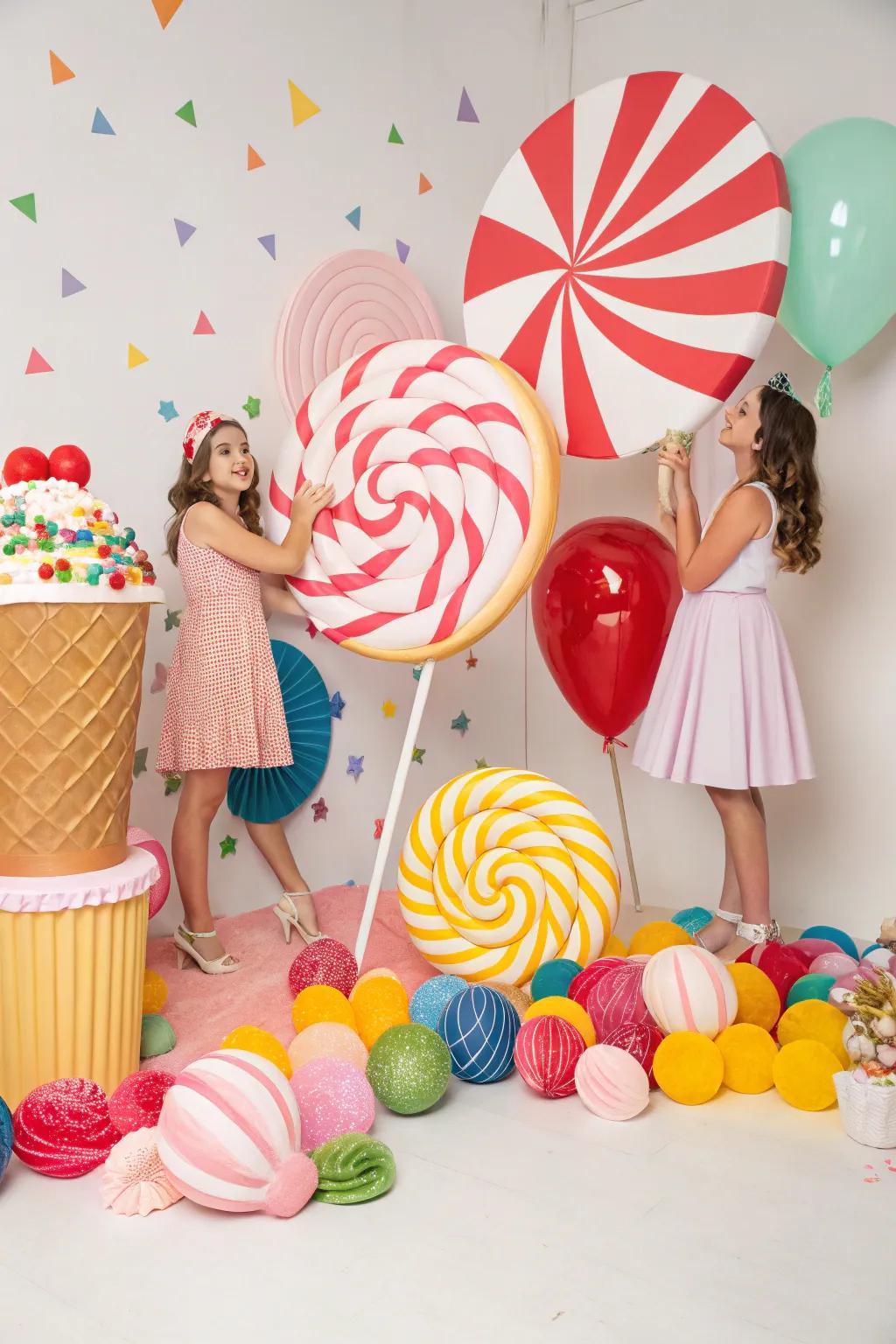 A candy-themed photo backdrop invites fun and whimsy.