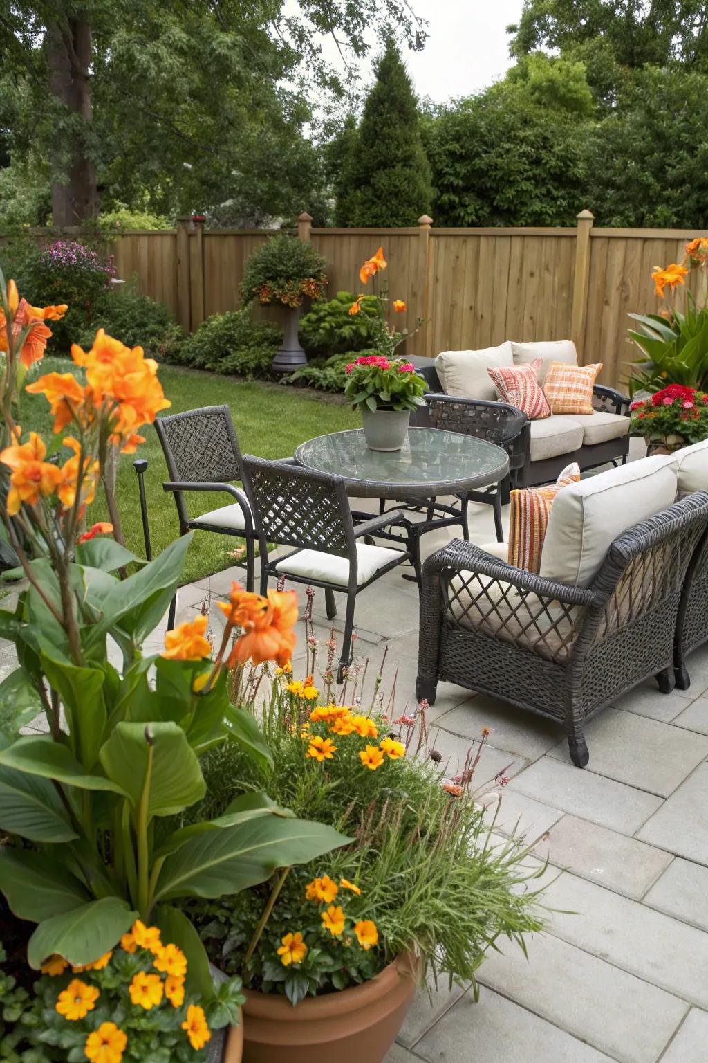 Enhance your patio with potted canna lilies.