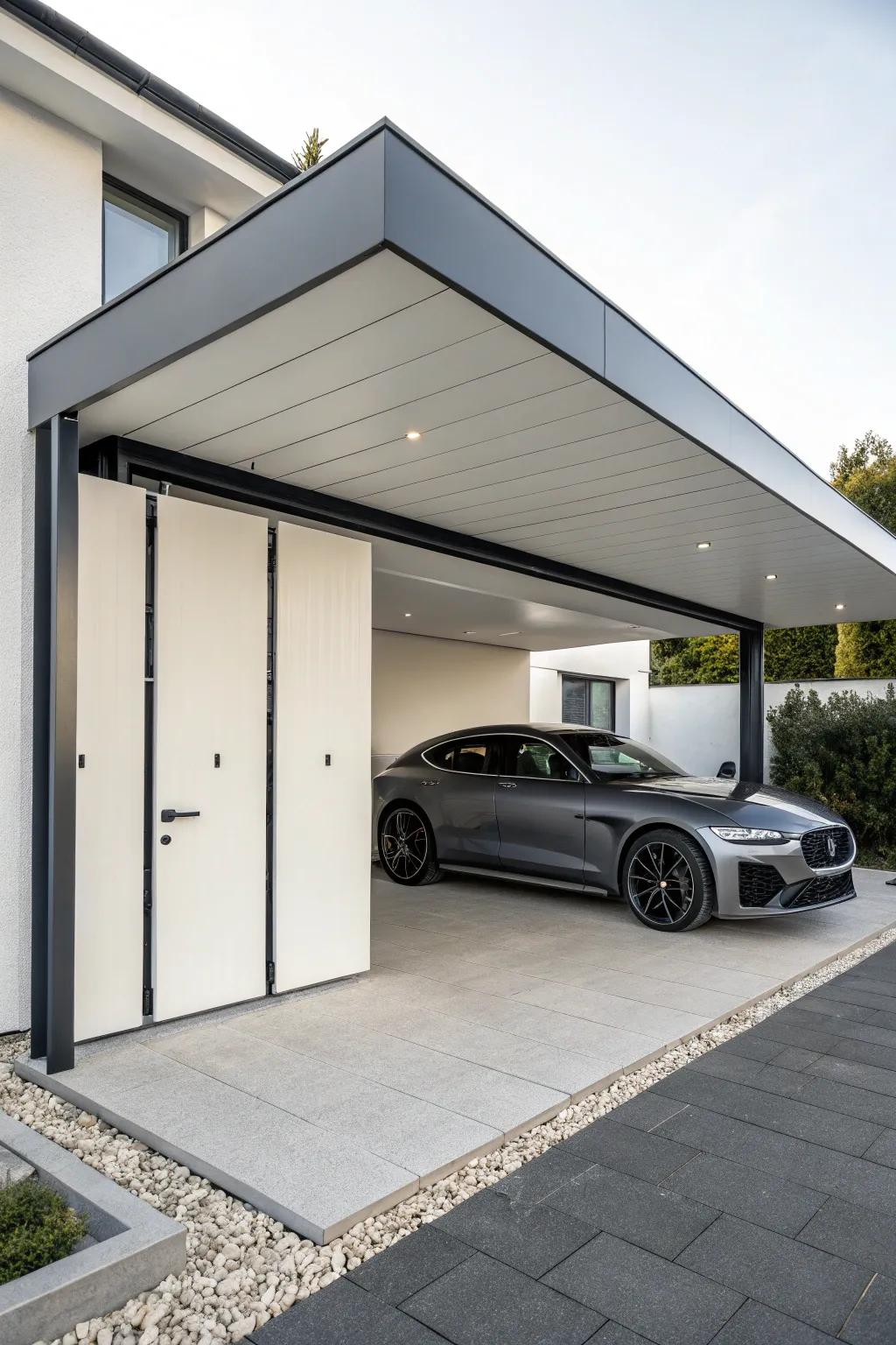 A carport with flush mount doors, presenting a seamless and modern look.