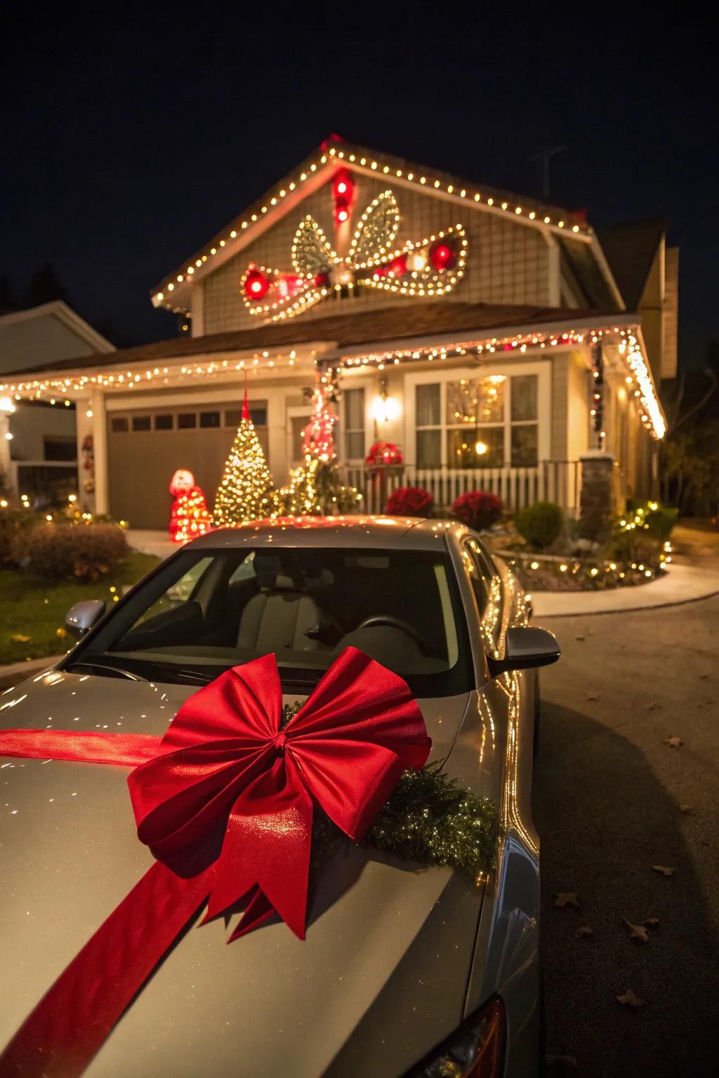 A car topped with a giant bow, ready to be the best Christmas present.