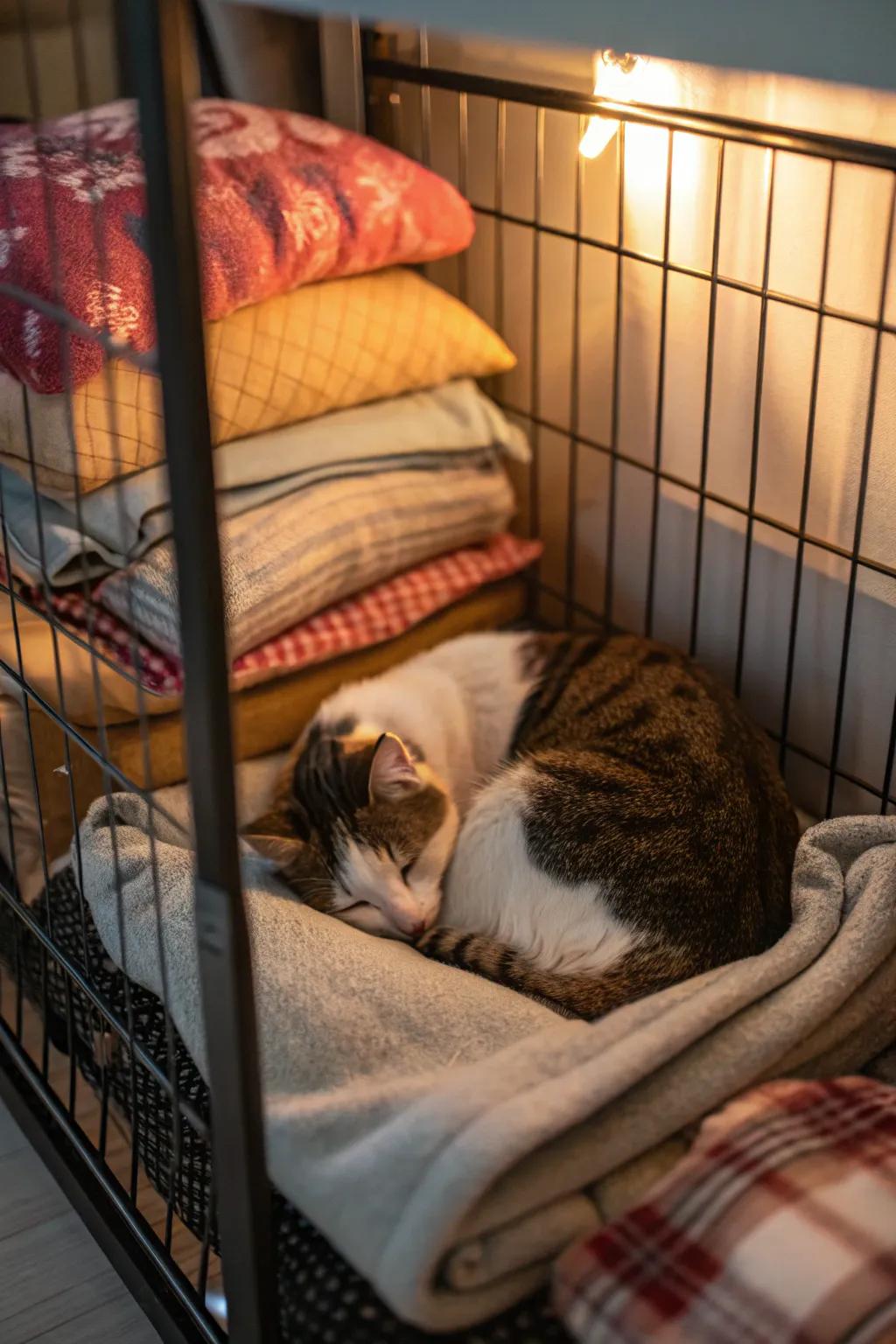 Blankets provide warmth and comfort for a cozy cat corner.