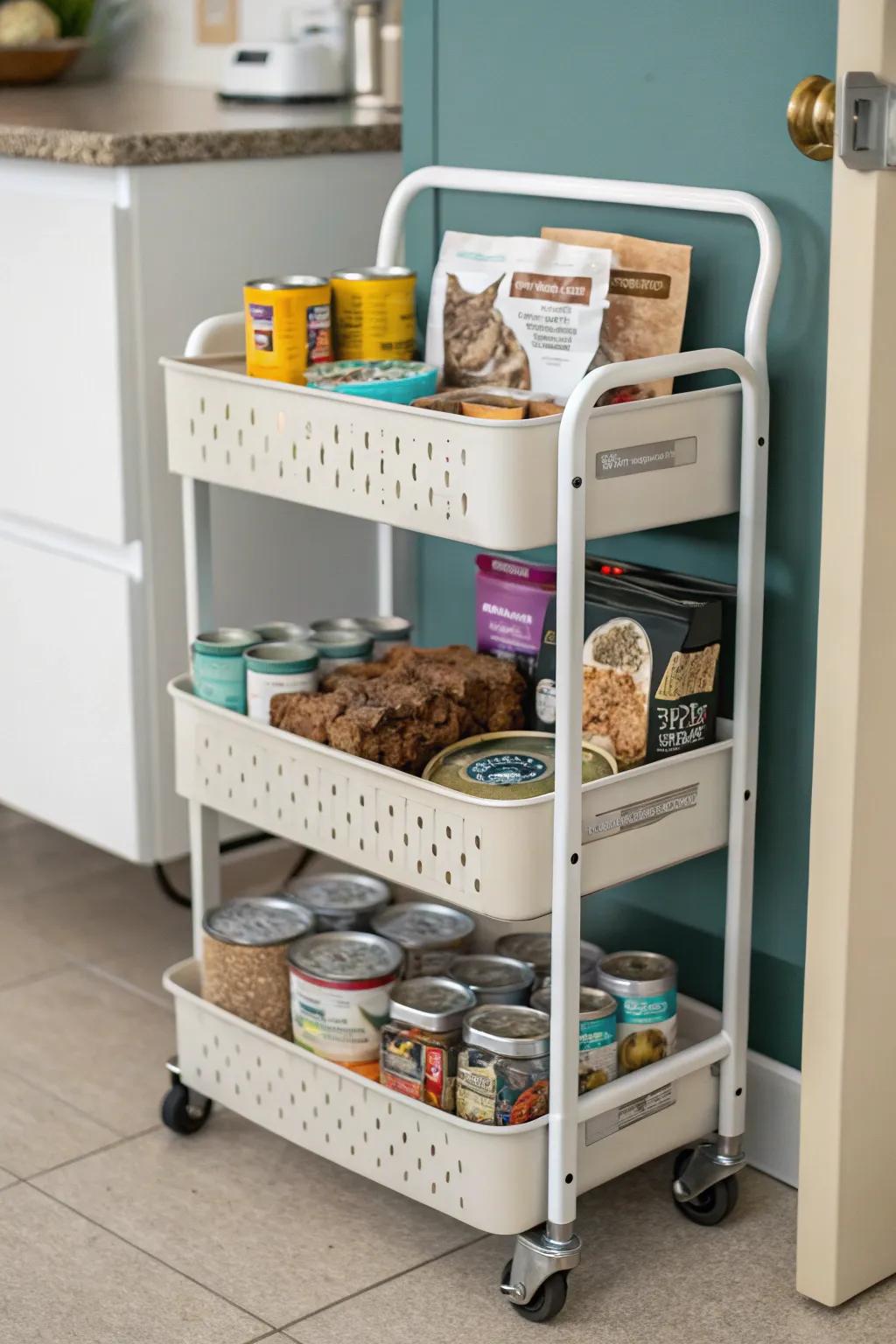 A practical and stylish rolling cart for cat food storage.