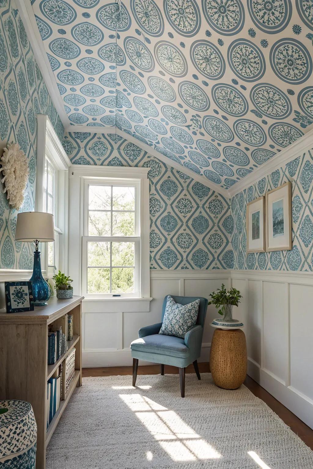 Wallpapered ceilings offer a unique texture and focal point.