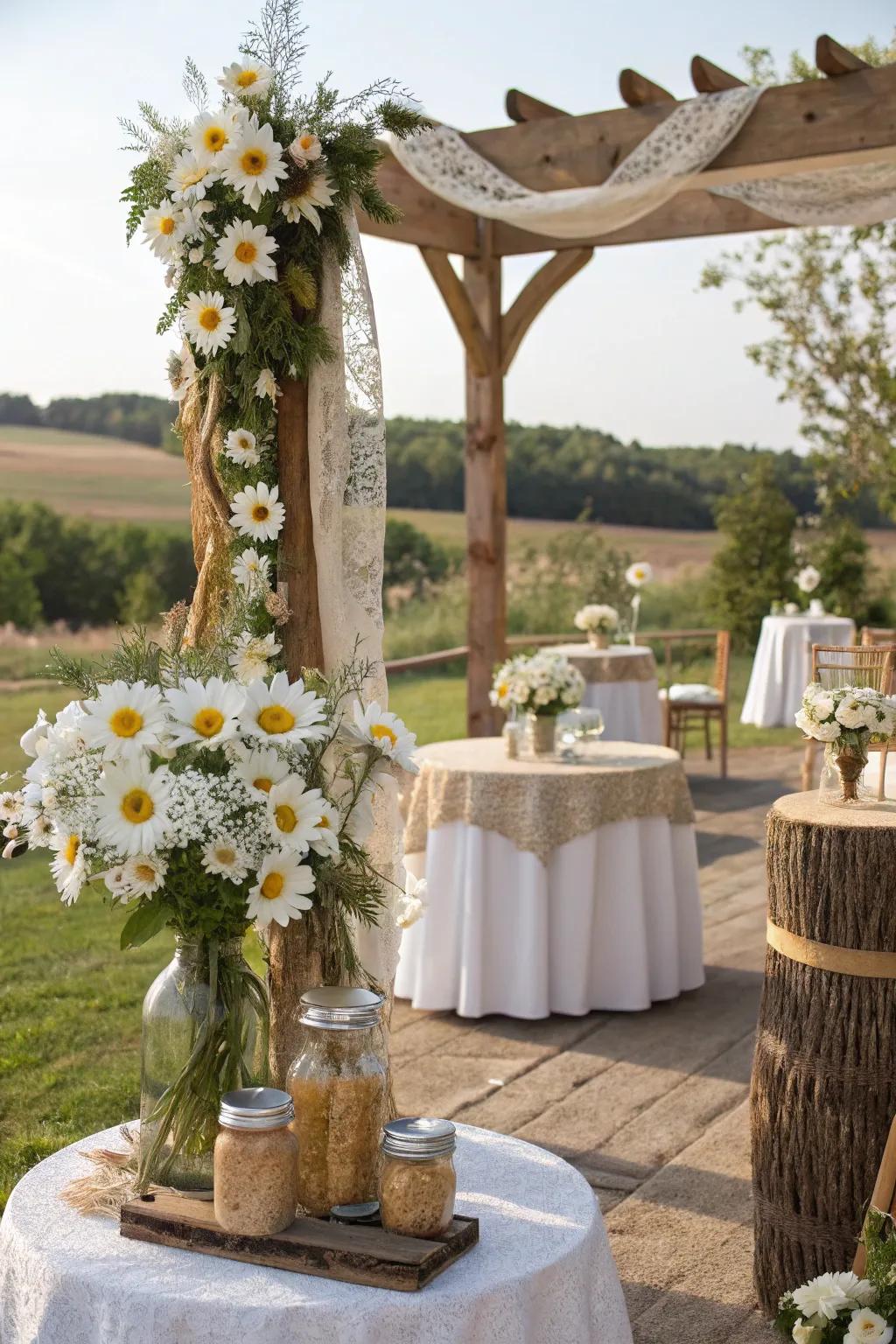 Daisies bringing cheer and affordability to a rustic wedding.