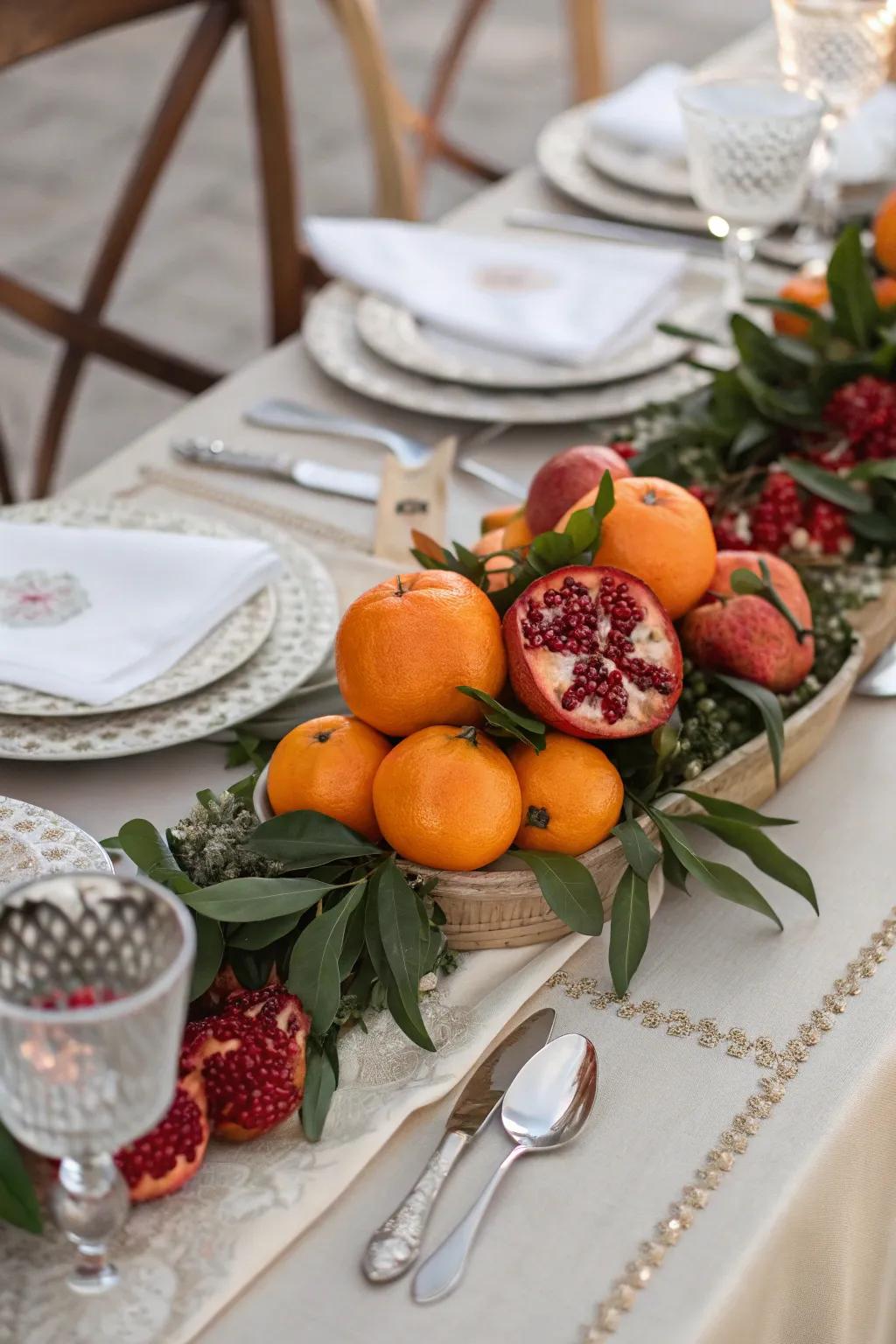A vibrant centerpiece featuring lucky Chinese fruits.