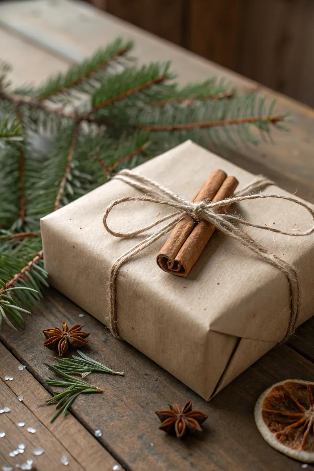 Delightful and fragrant gift wrapping with cinnamon sticks.