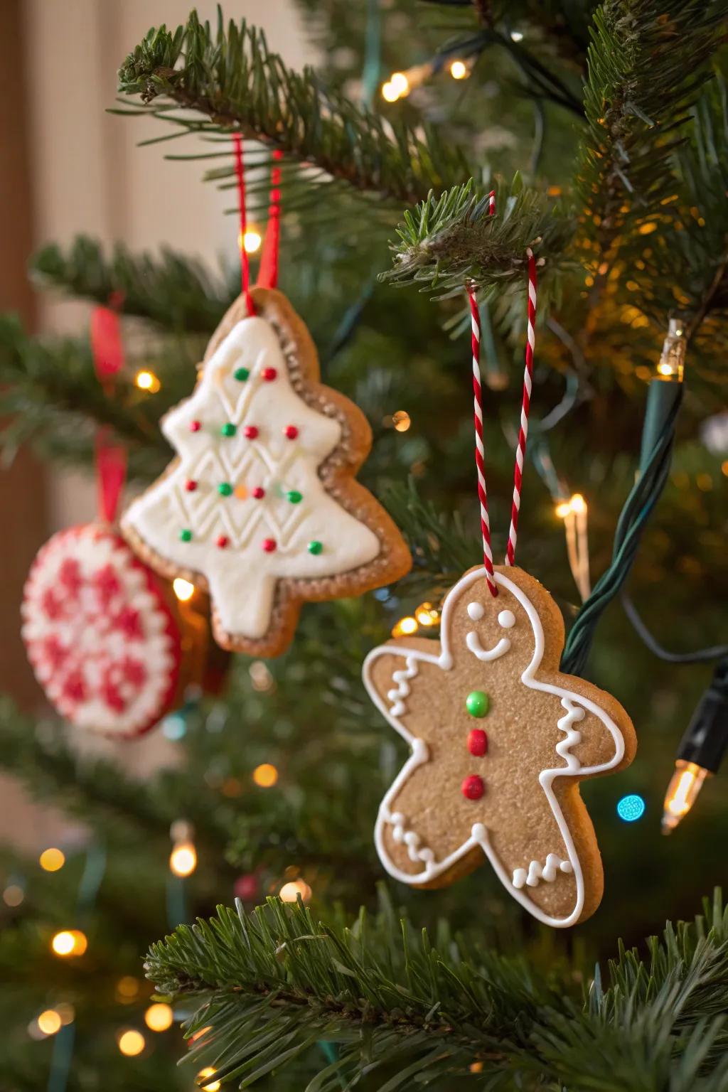 Gingerbread and sugar cookie ornaments on a tree.