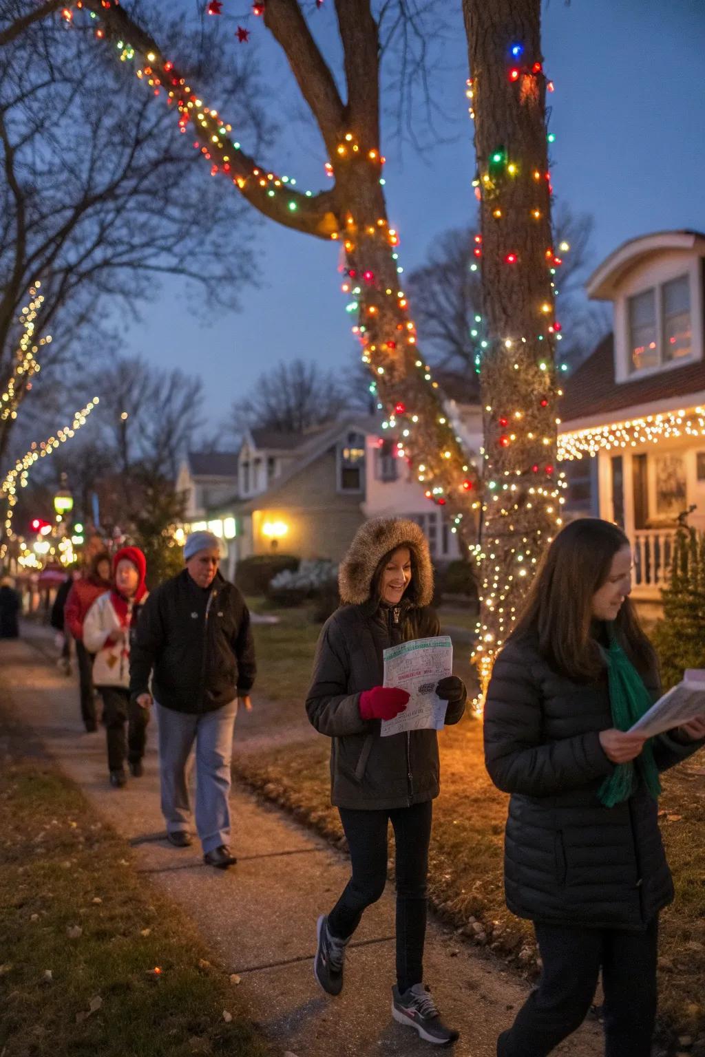 A joyful Christmas light scavenger hunt exploring the neighborhood's festive displays.