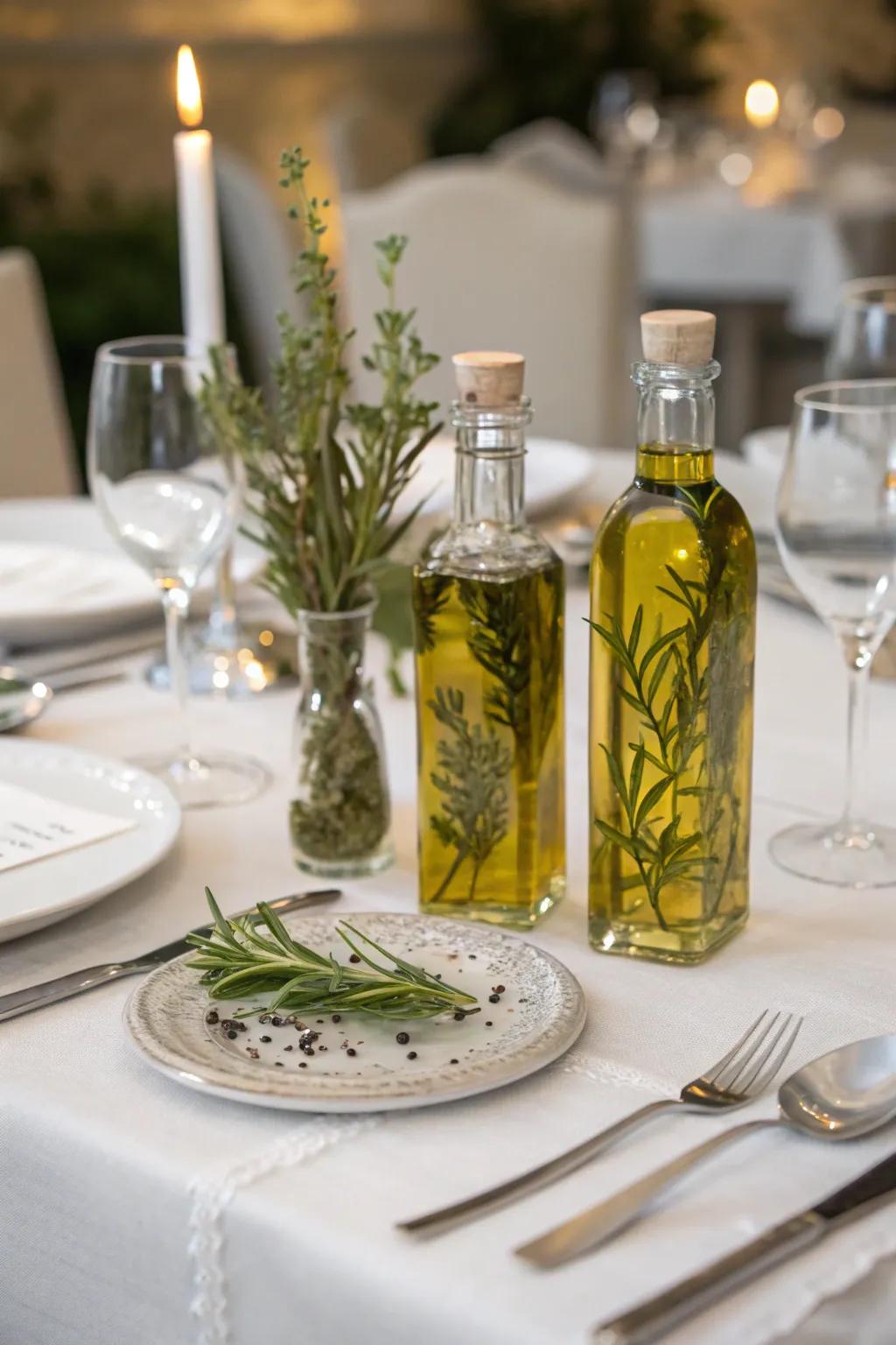 Gourmet olive oil bottles make a sophisticated table favor.