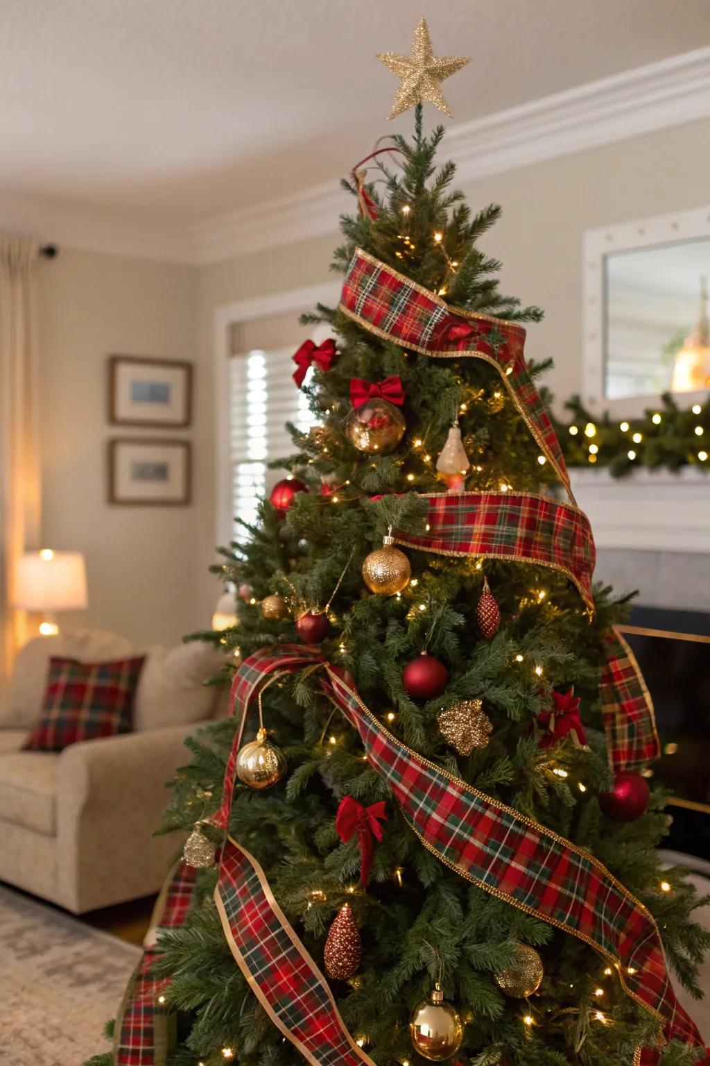 A traditional tartan Christmas tree exuding classic charm.