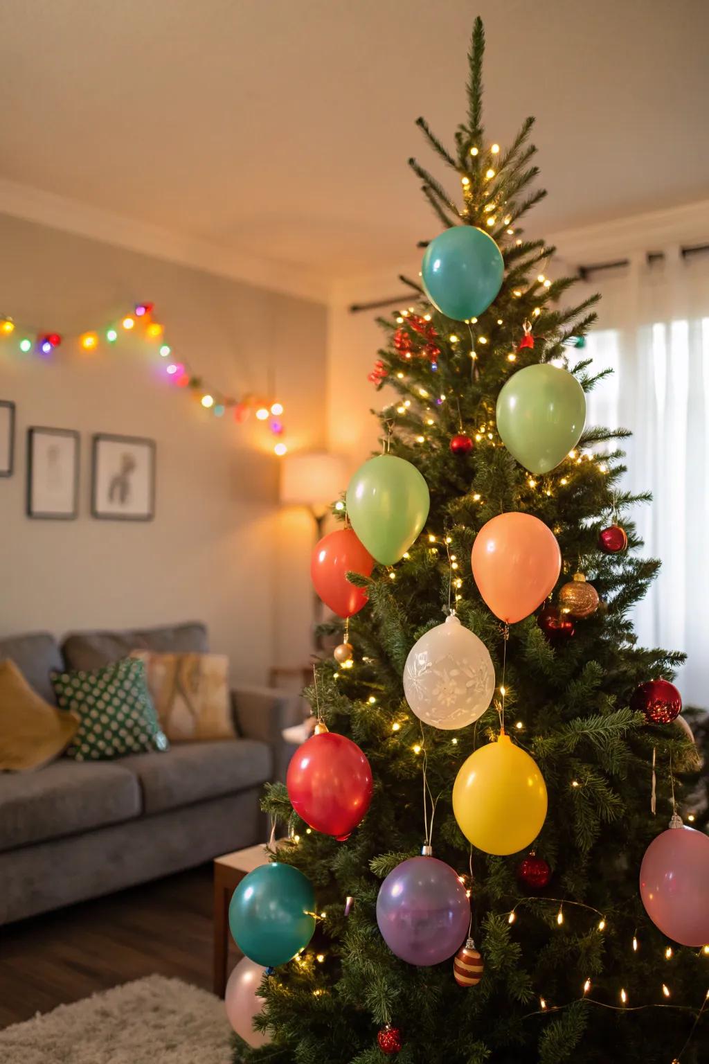 A whimsical Christmas tree with balloon decorations.