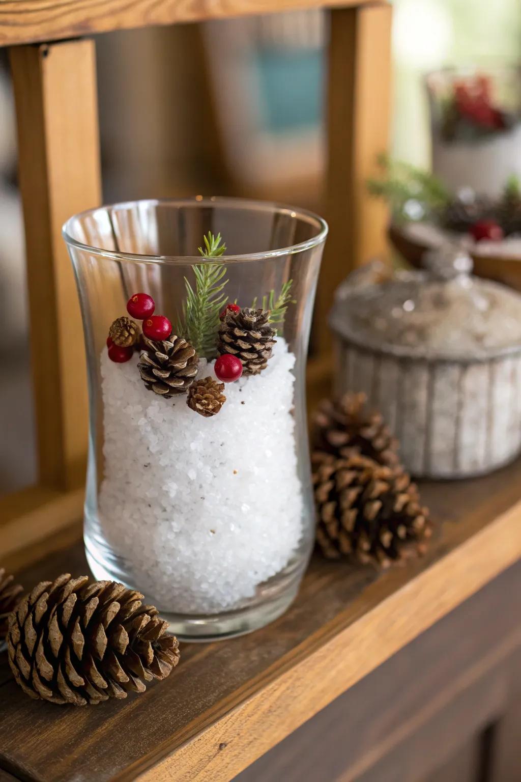 Winter wonder: Epsom salt creates a snowy scene in a vase.