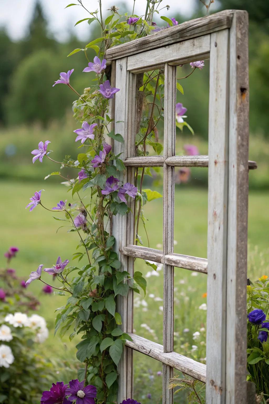 A recycled window frame provides a vintage backdrop for clematis.