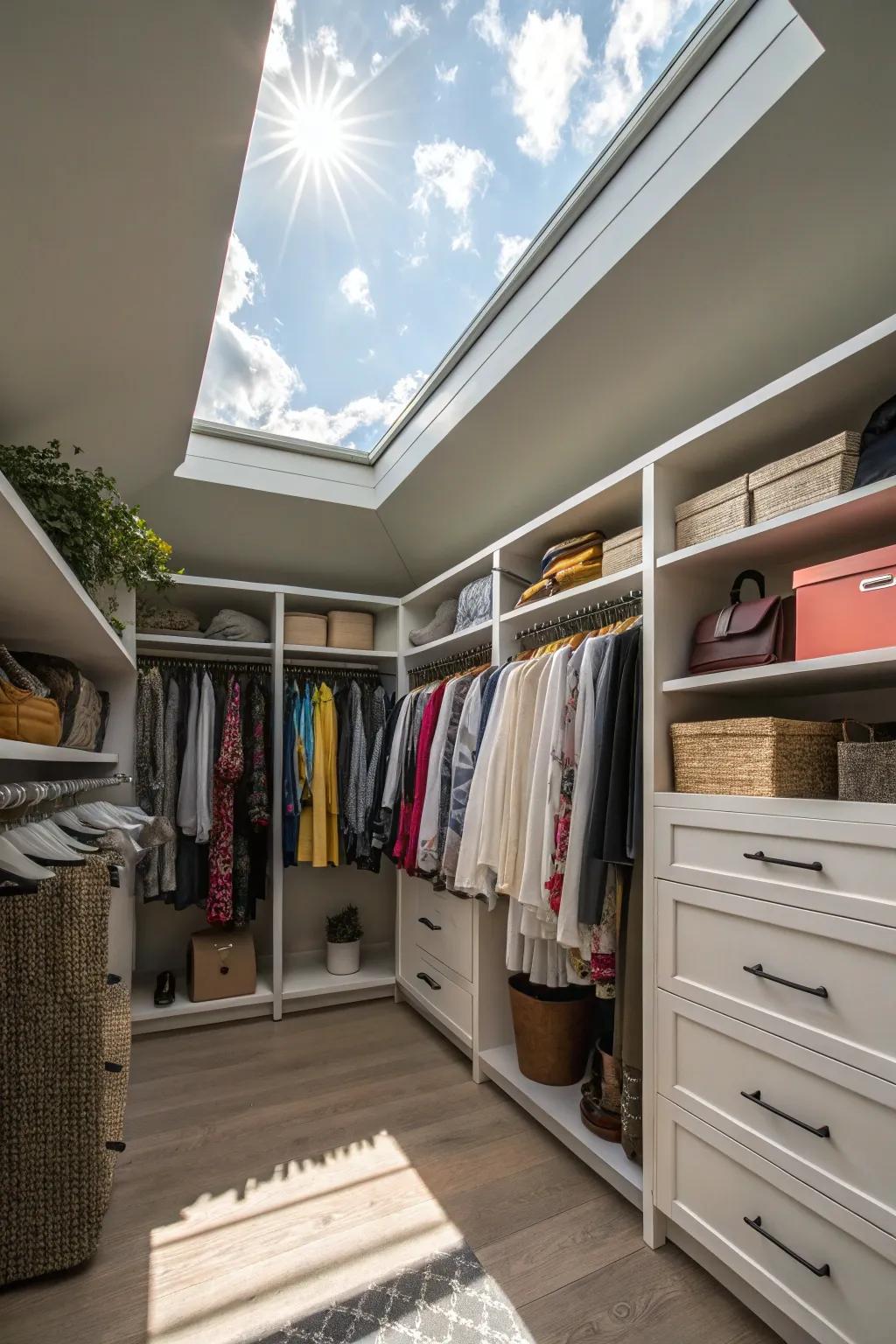 A skylight transforms your closet with natural light, creating a vibrant space.