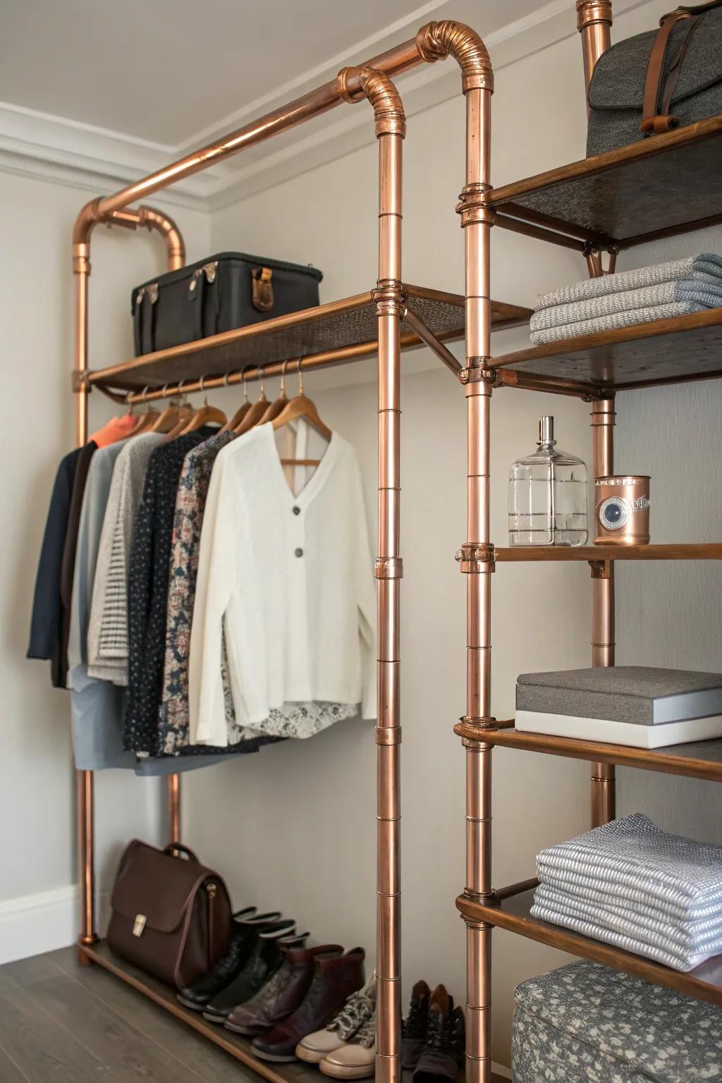 Copper pipes add an industrial touch with practical function.