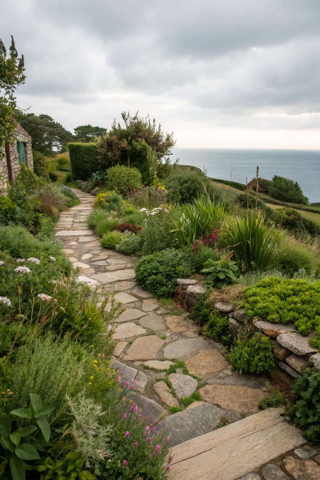 Local stones create a harmonious look in a coastal garden.