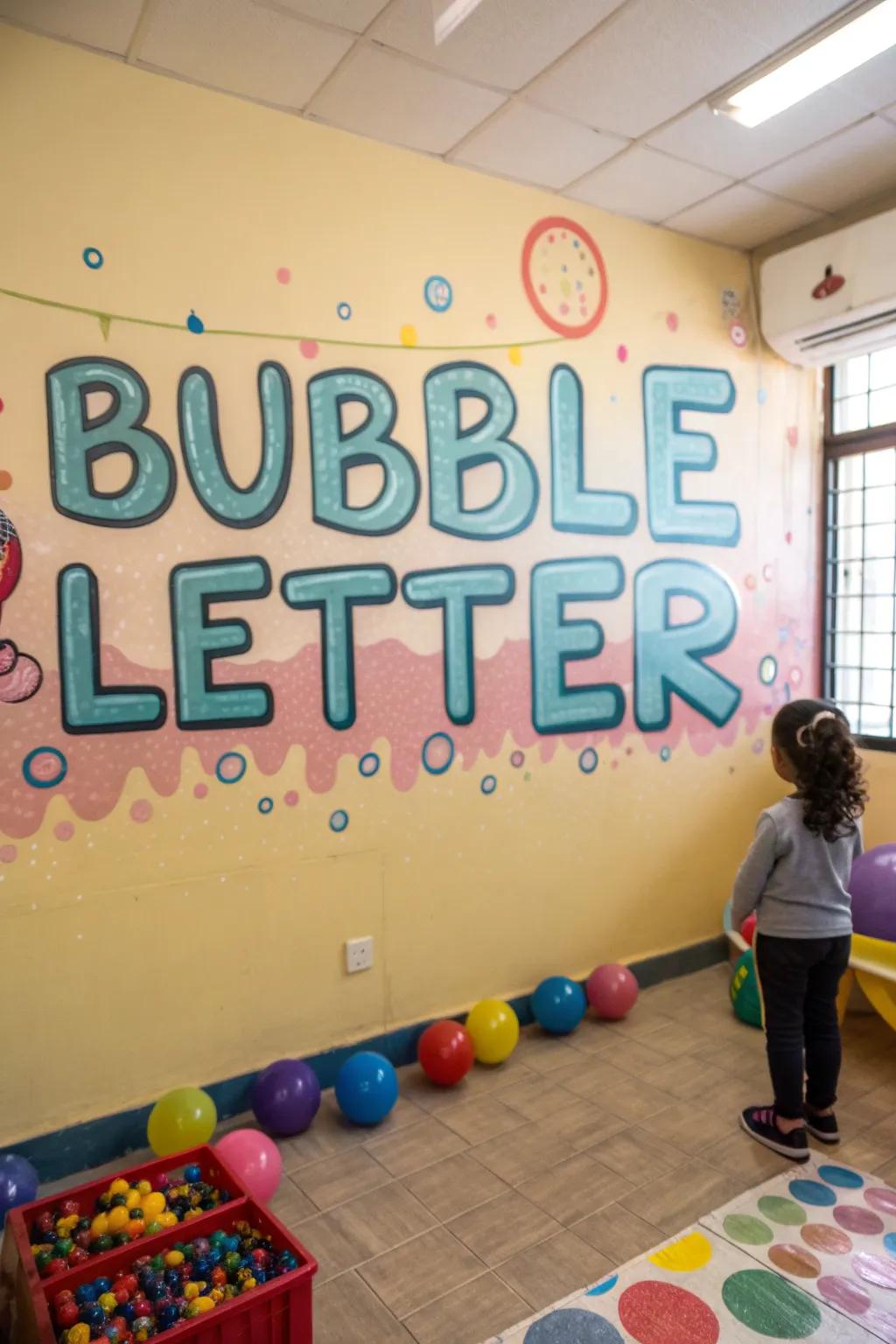 A child's playroom adorned with playful bubble letter graffiti.