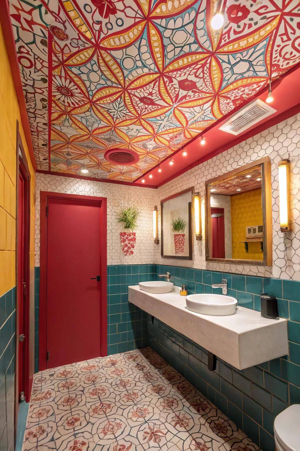A bold patterned ceiling adds a surprising twist to this powder room.