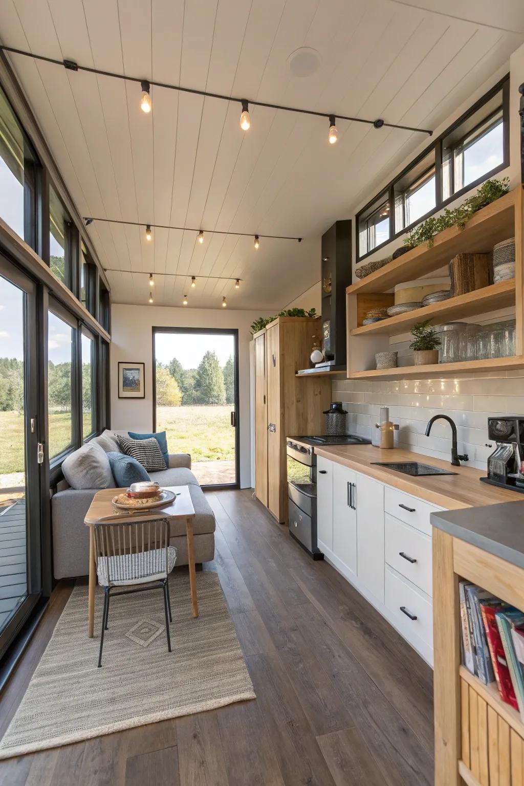 Built-in furniture optimizes space in this container home.