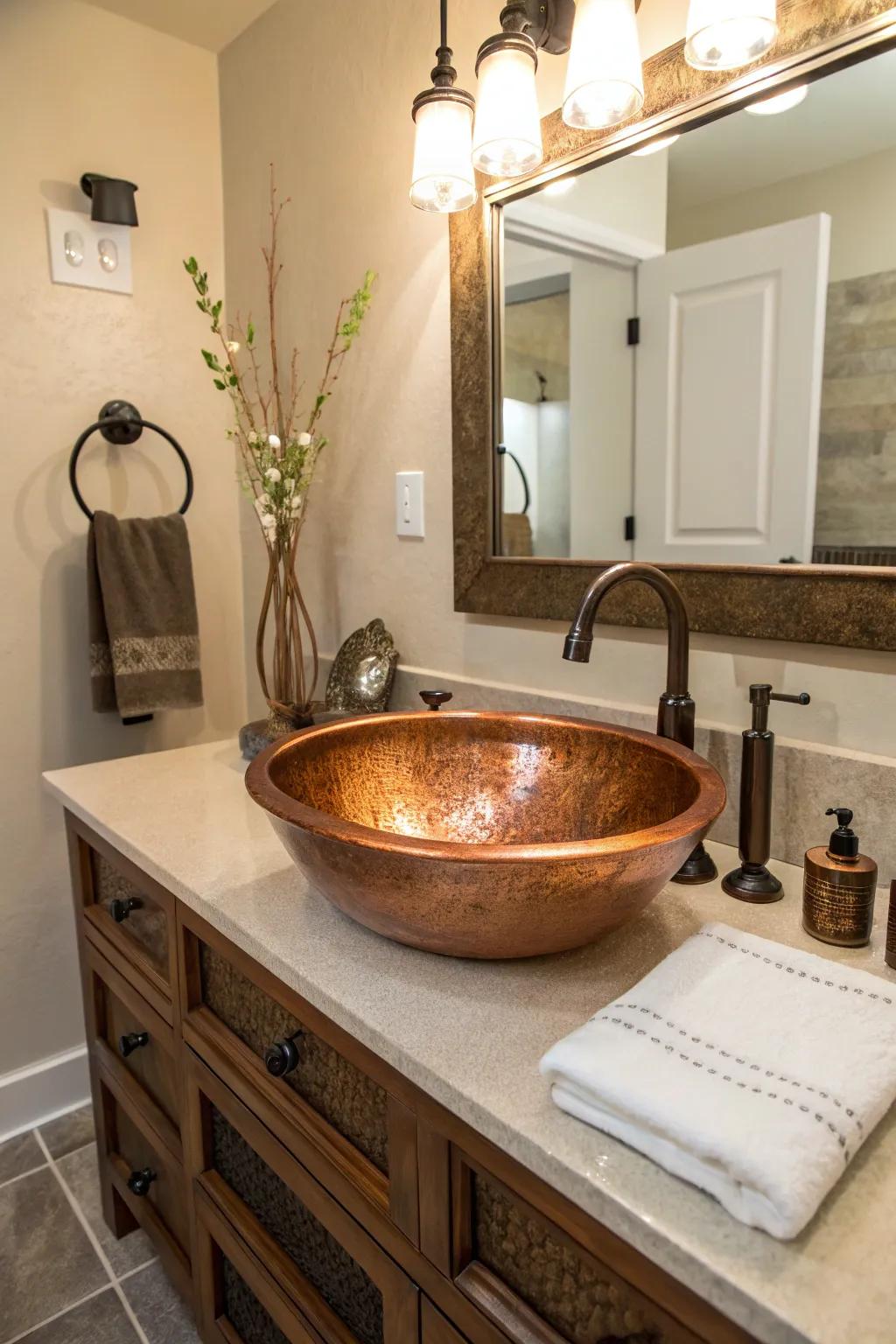 This uniquely shaped copper sink serves as a captivating centerpiece in the bathroom.