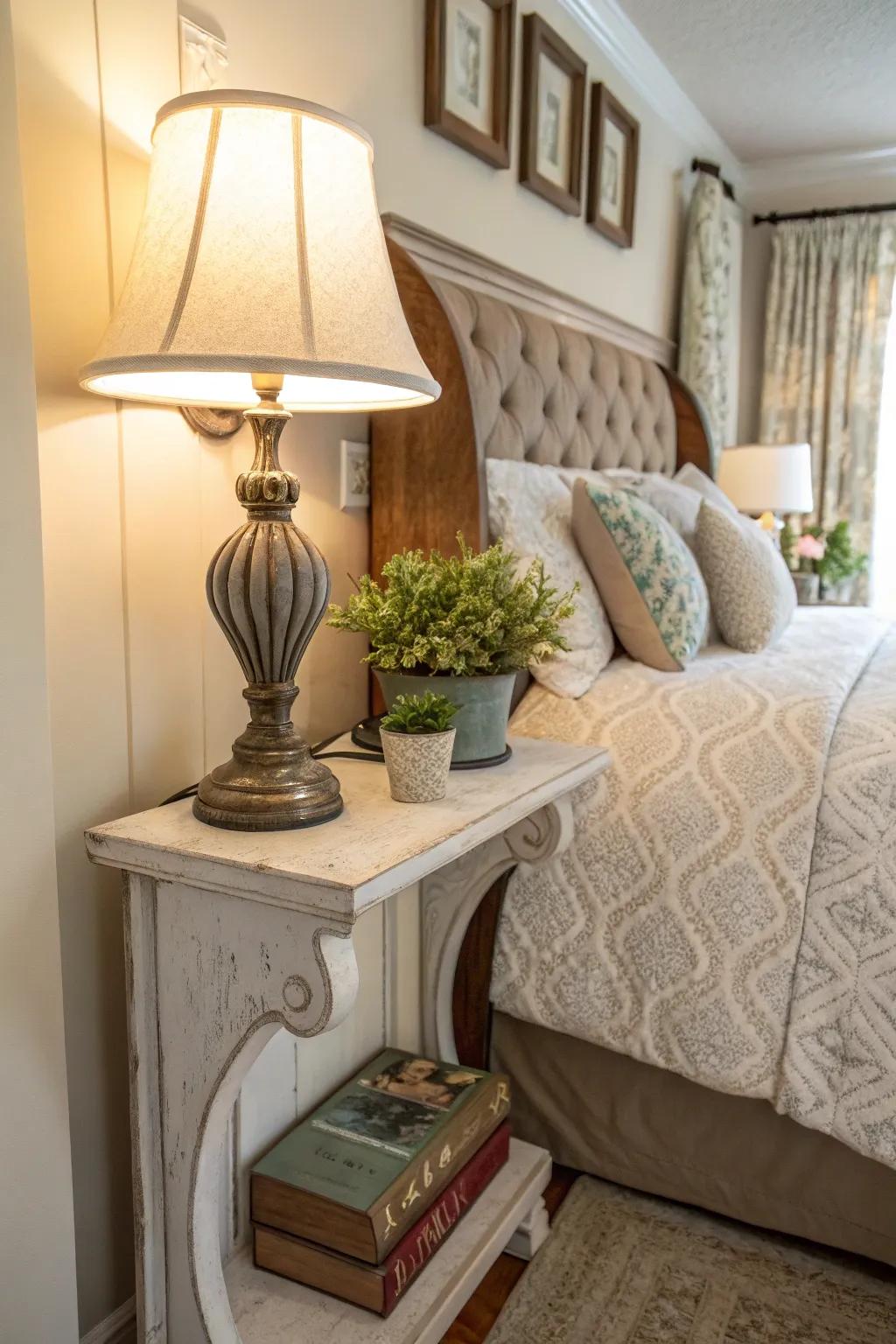 Corbel shelves can creatively replace traditional nightstands.