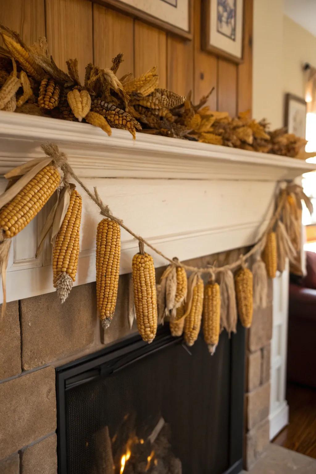 A charming corn garland draped over a mantel.