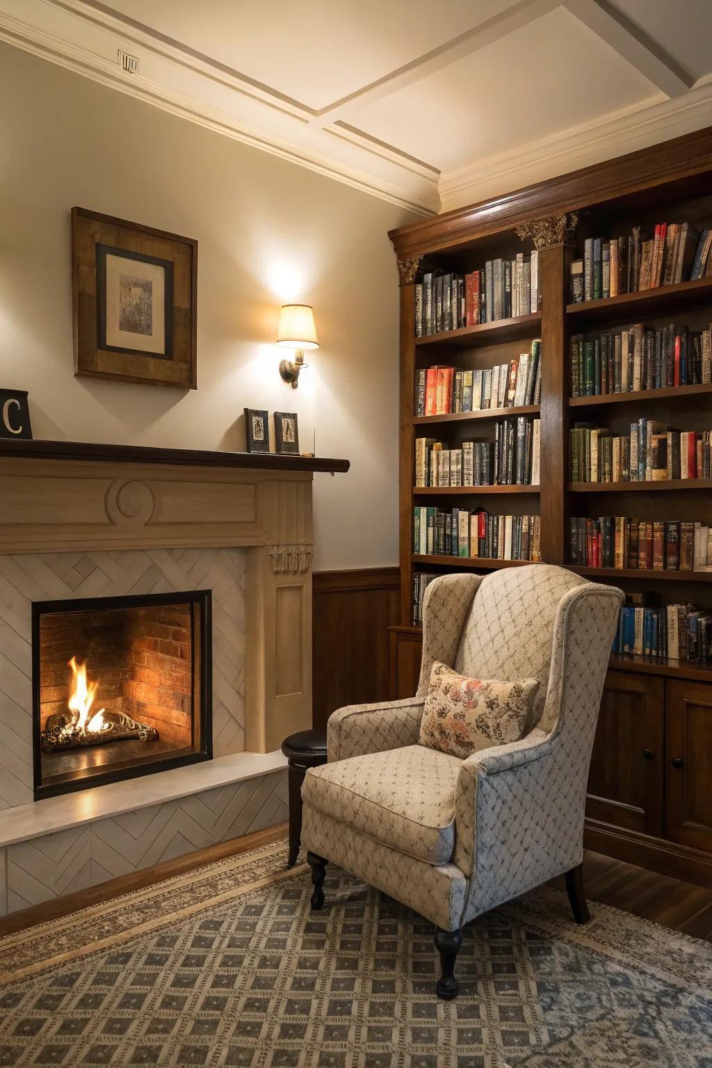 A cozy reading nook by a corner fireplace.