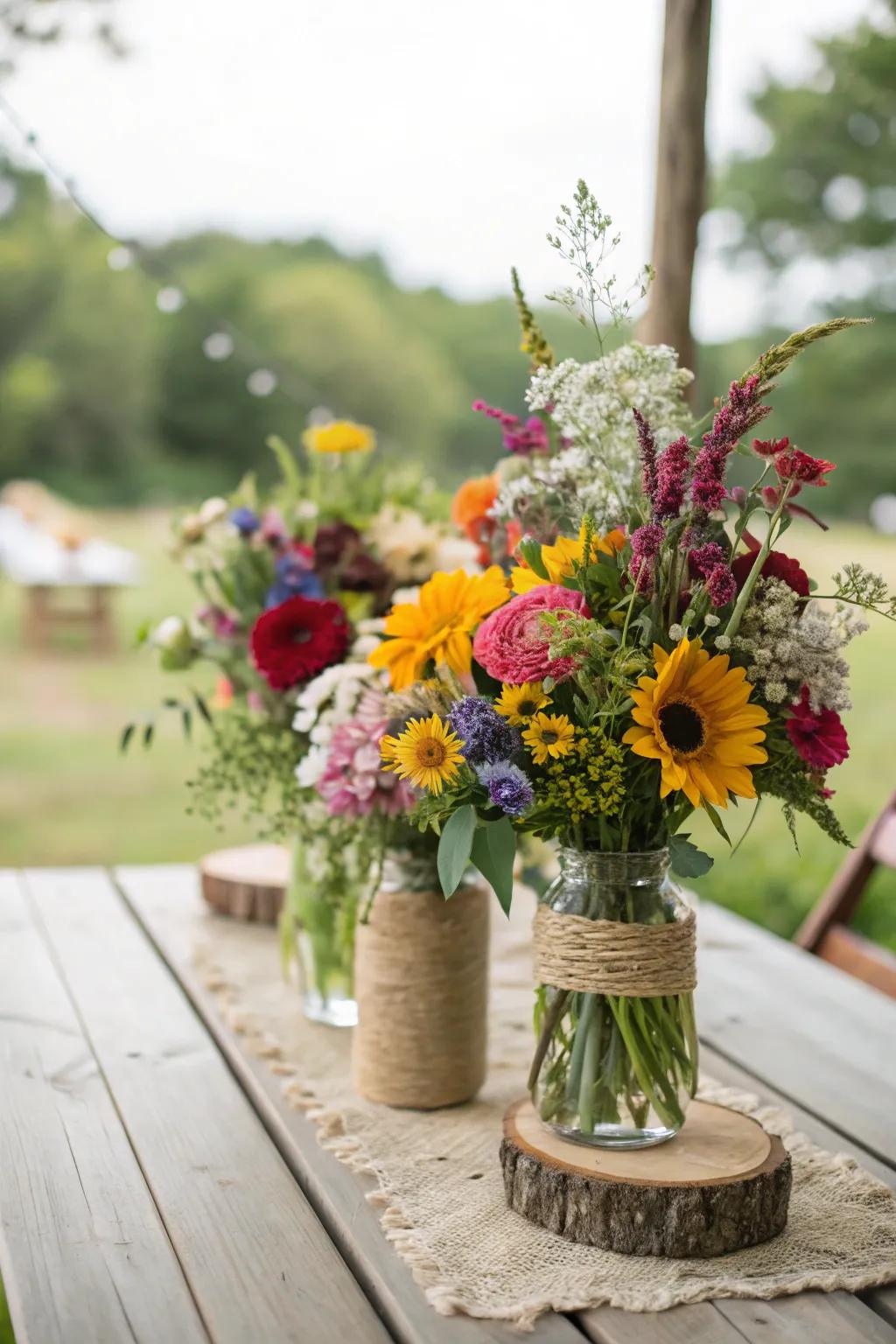 Charming DIY wedding flower arrangements featuring wildflowers.