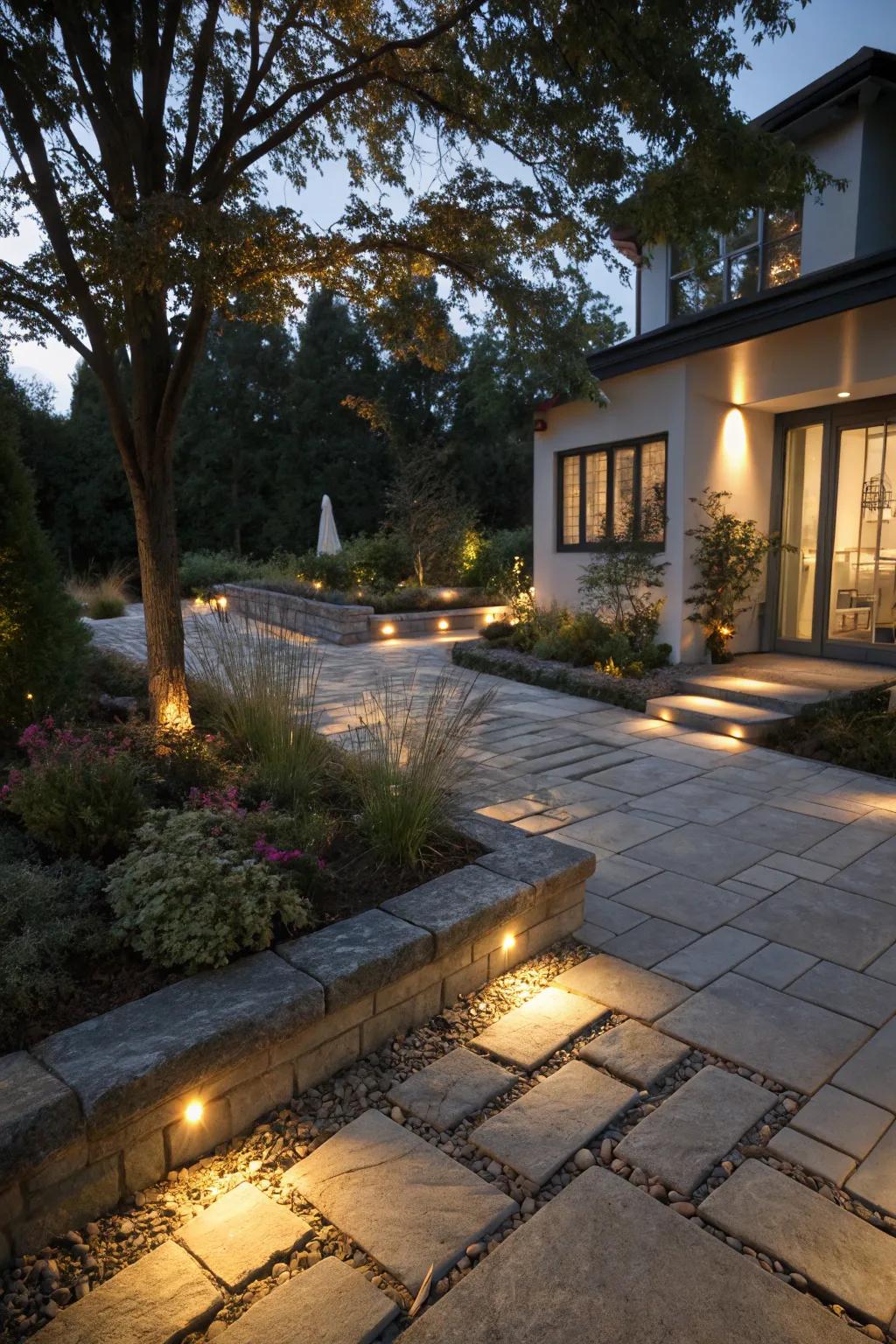 Enhance your courtyard with LED lighting embedded in pavers.