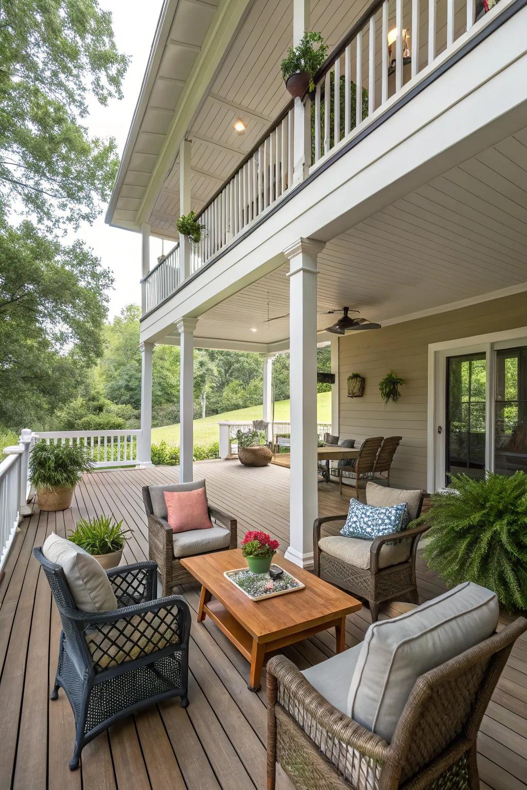 Multi-level decking creates distinct areas while maintaining flow.