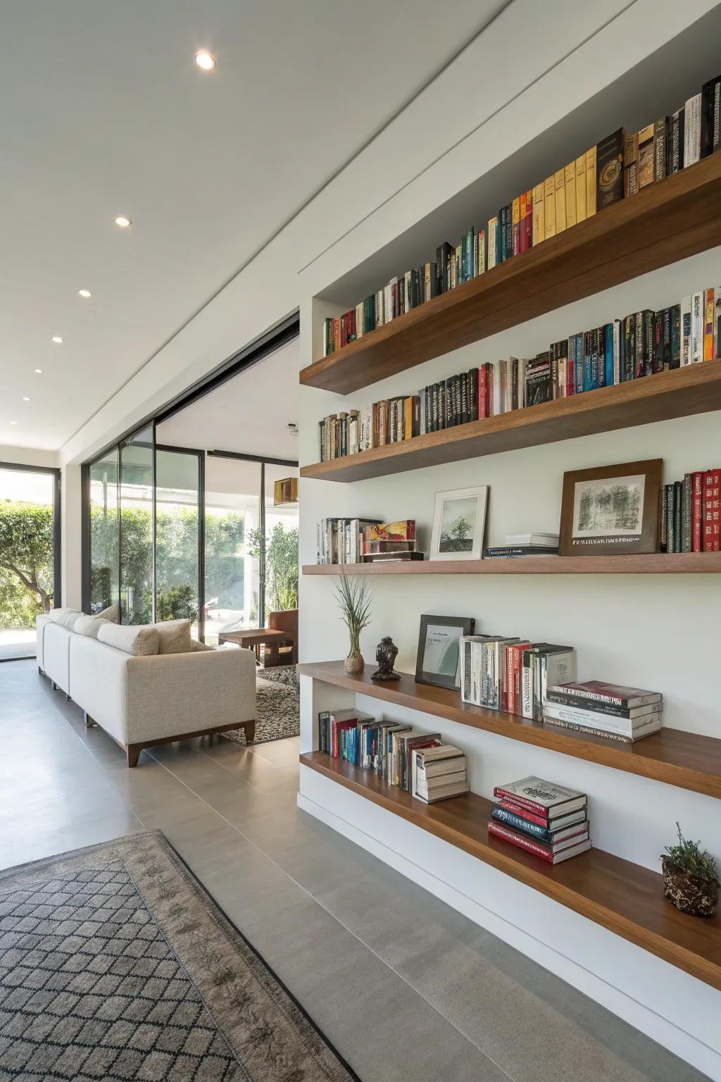 Floating bookshelves offer a modern and intriguing look.