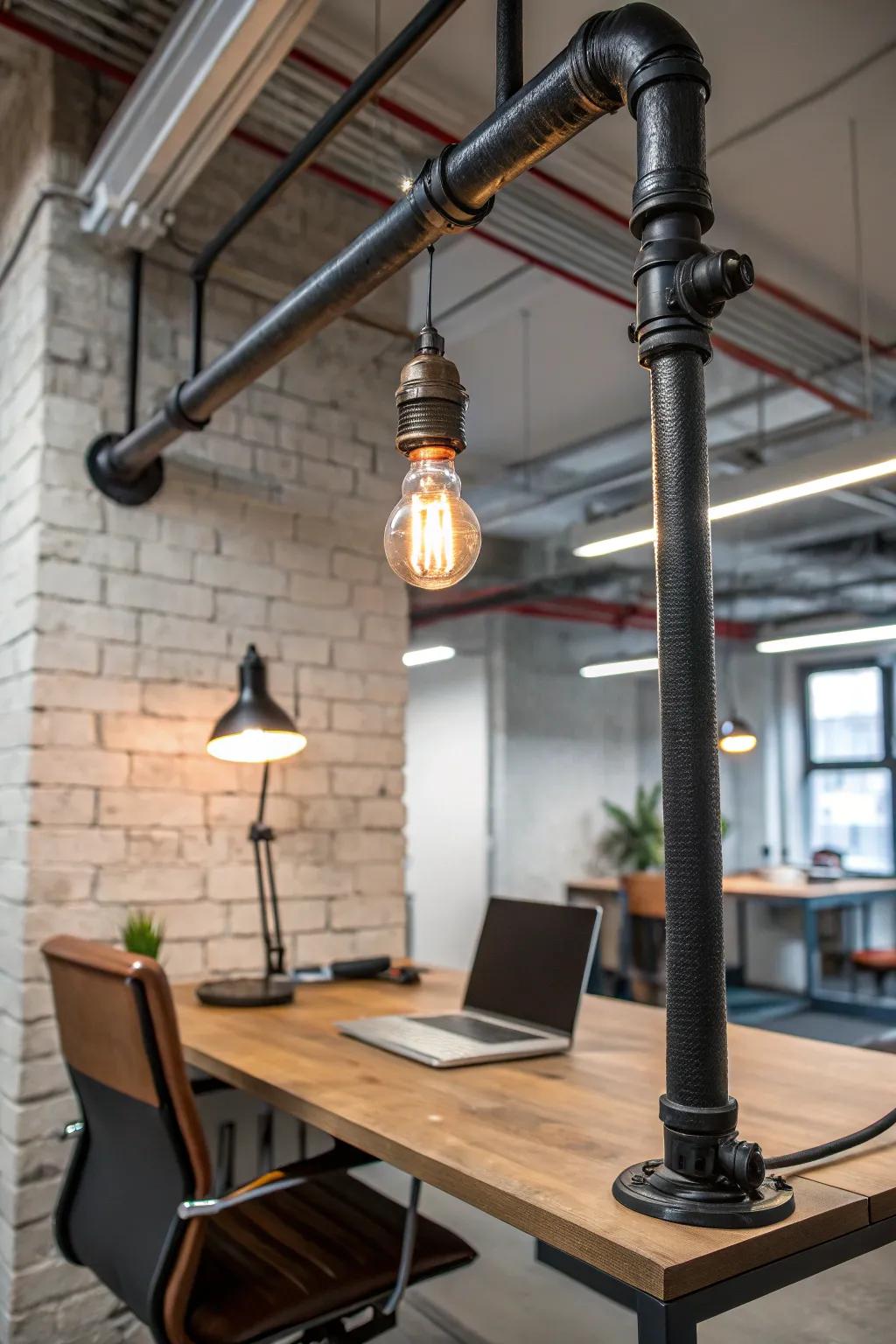 An industrial pipe lamp enhancing the modern look of a home office.