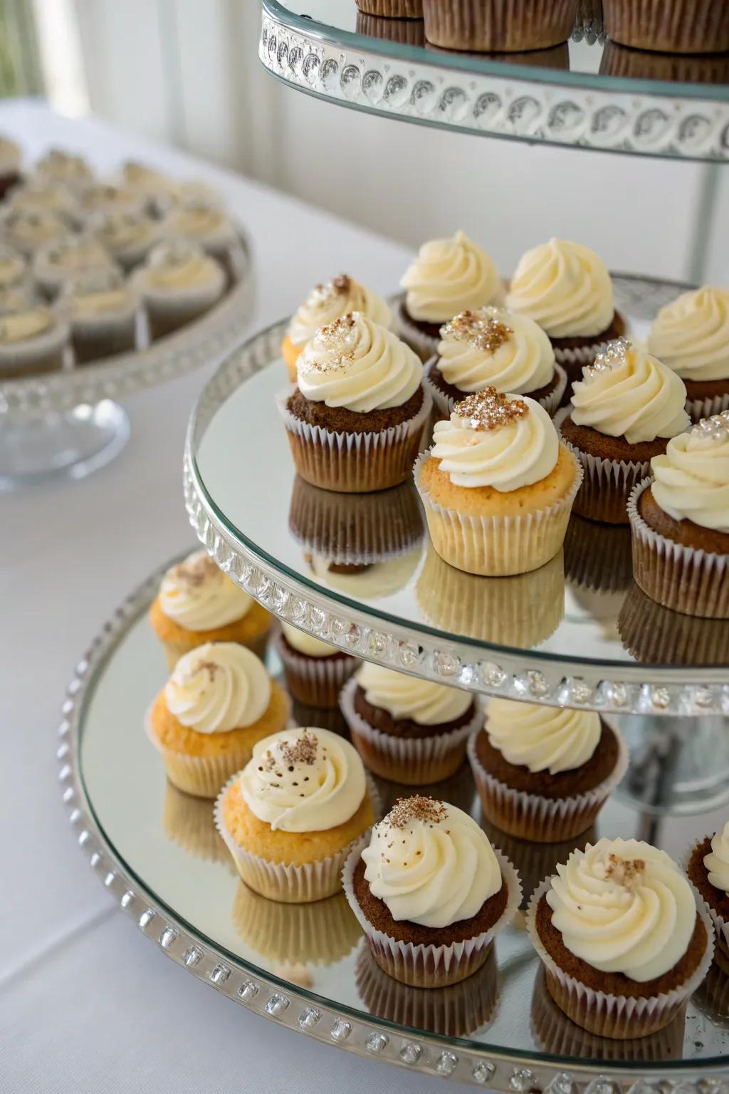 Mirrored trays add glamour and reflectivity to the cupcake presentation.