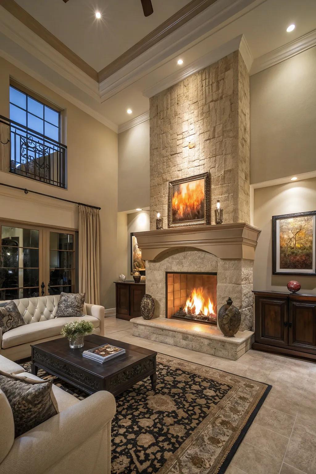 A floor-to-ceiling fireplace that adds architectural drama.