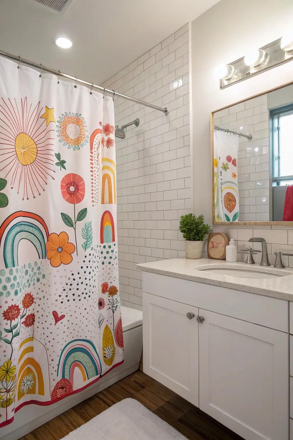 A quirky shower curtain can bring fun and color to your bathroom.