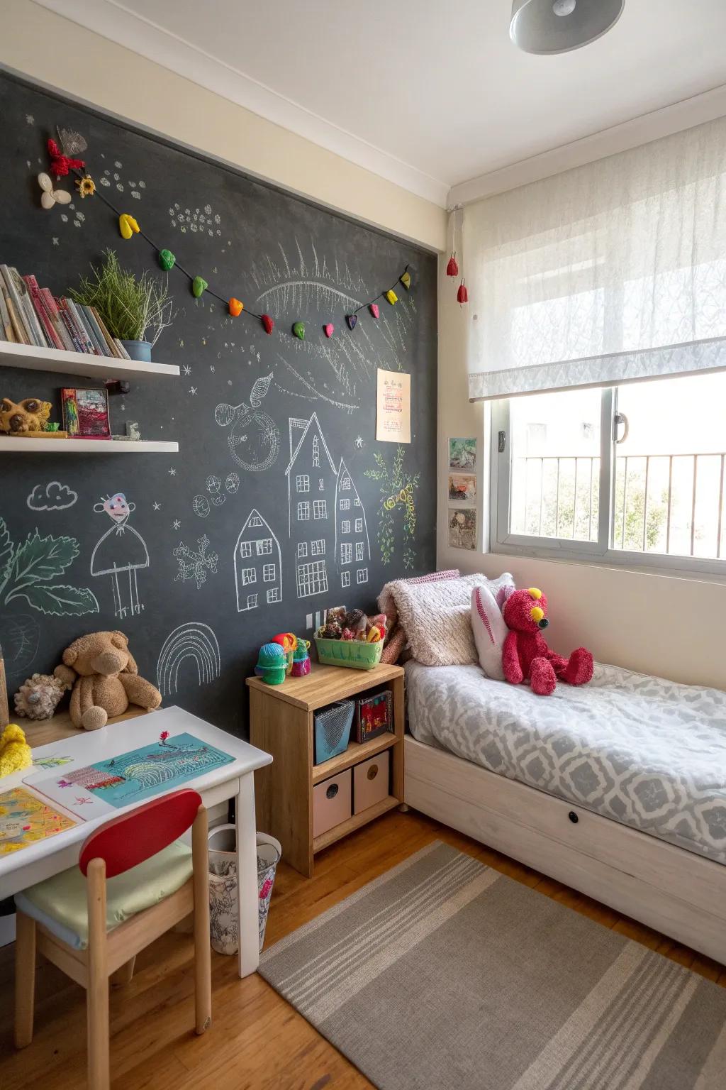 A chalkboard wall encourages creativity and interaction.