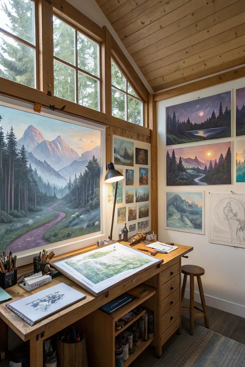 Dreamscape landscapes spark creativity in an artist's studio.