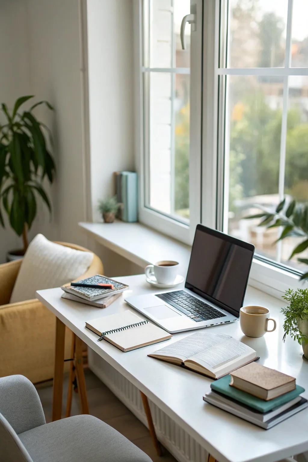 A bright home office with a desk positioned near a window for natural light.