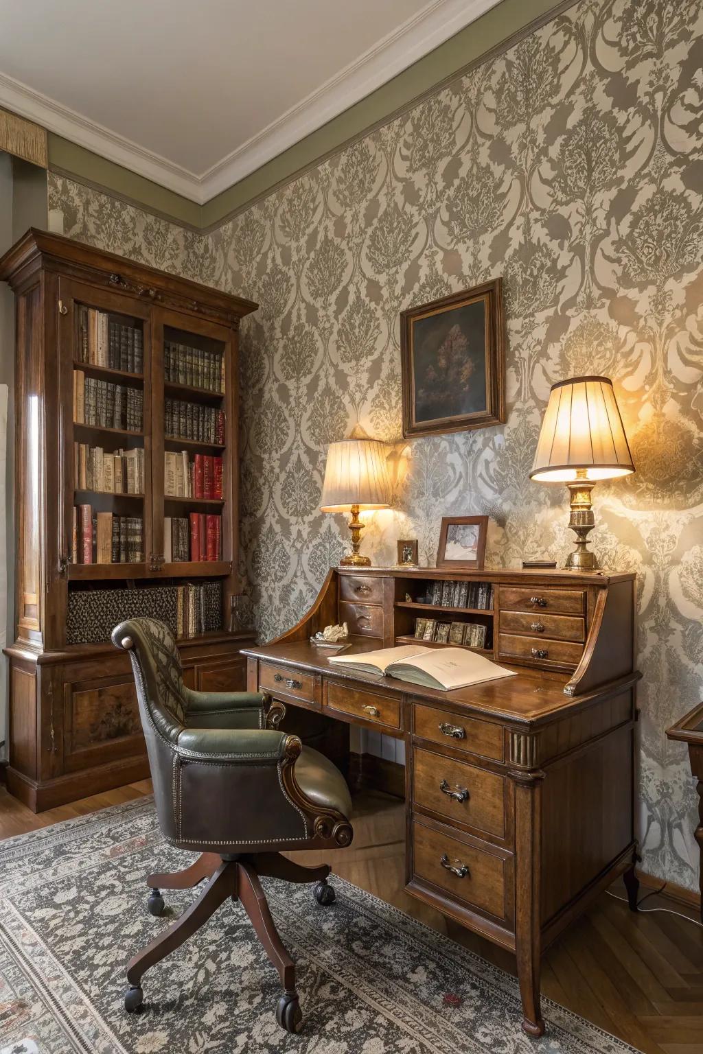 A study room with vintage damask wallpaper, evoking a classic and elegant feel.