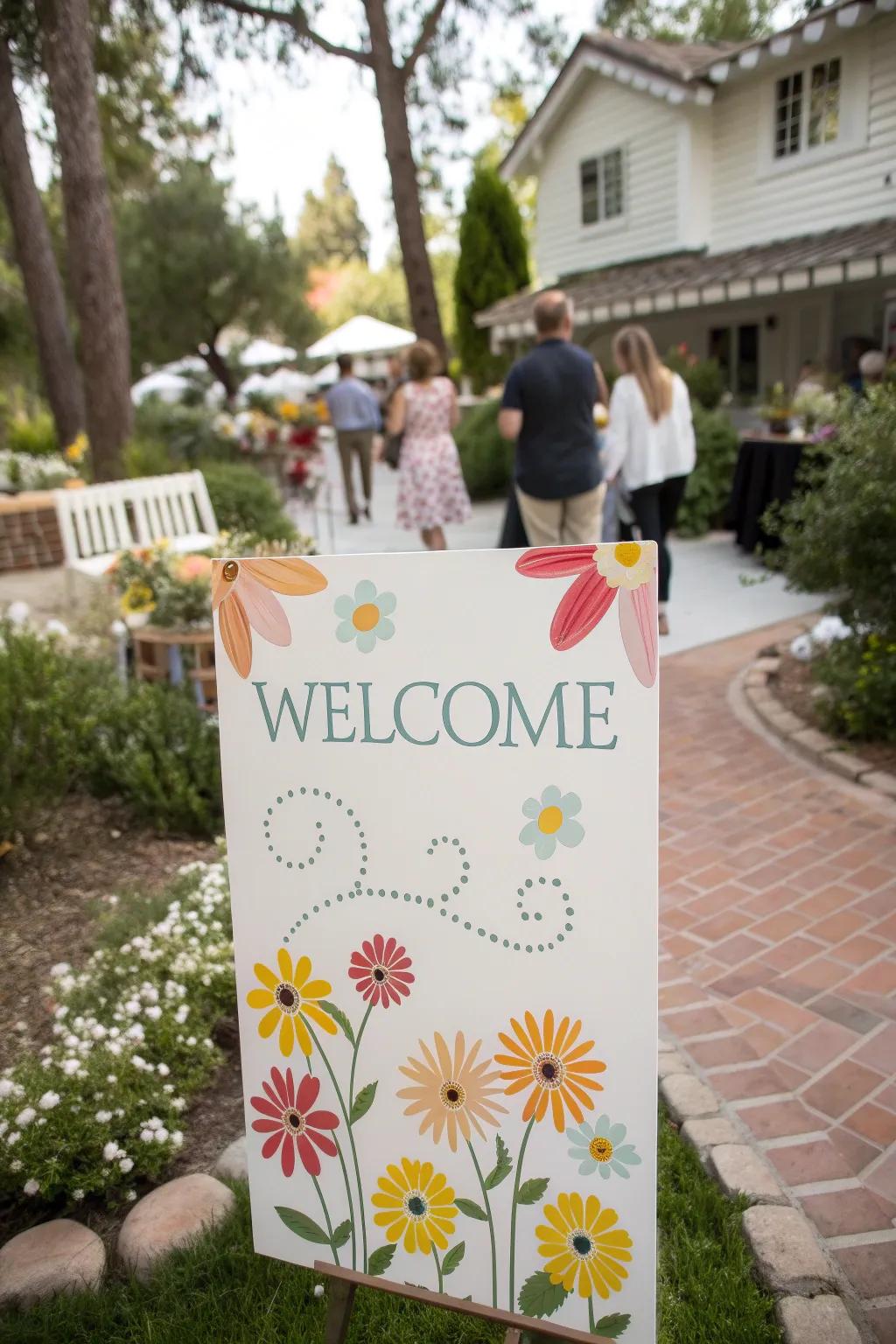 Welcome with personalized daisy signage.