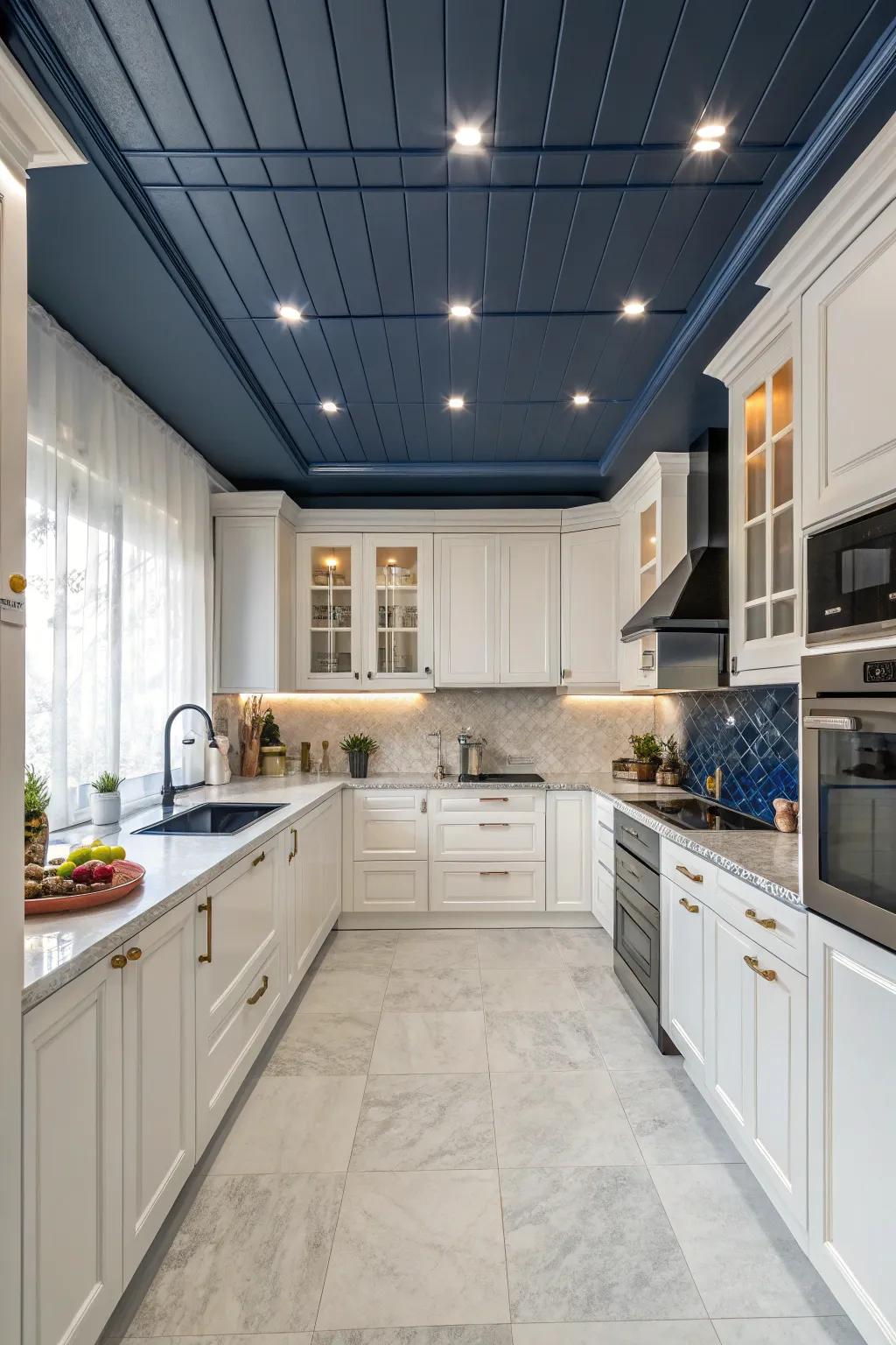 A kitchen with striking contrast from a dark blue ceiling.