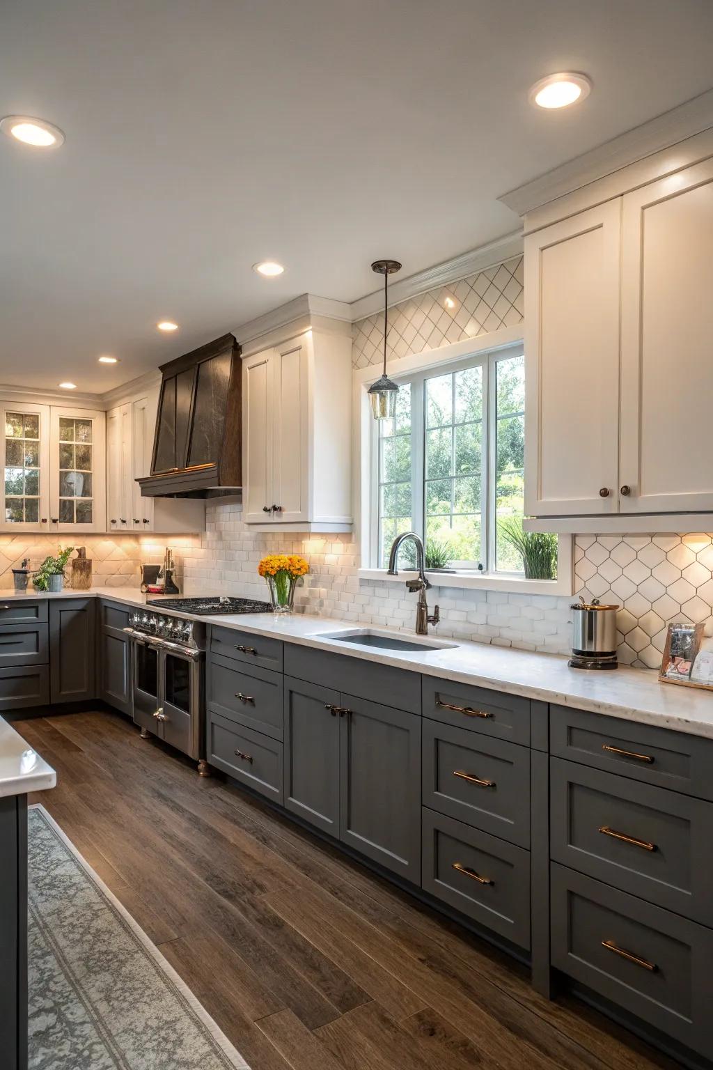 Two-tone cabinetry creating depth and visual interest.