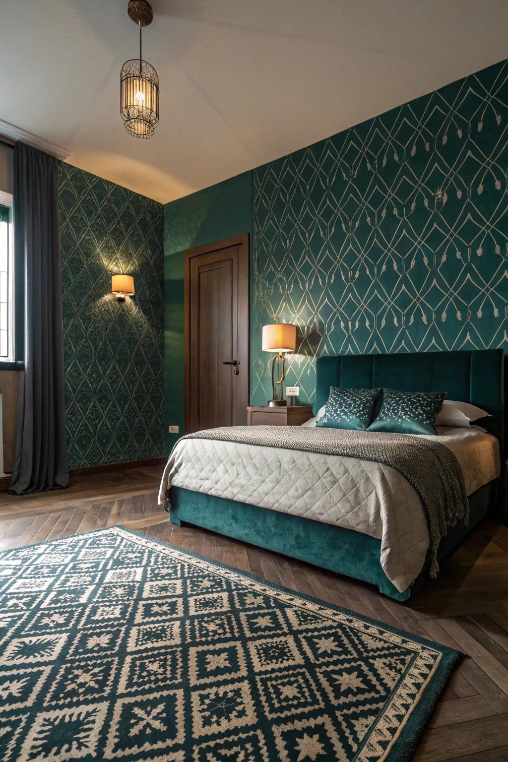 Patterns bring dynamic energy to a teal space.