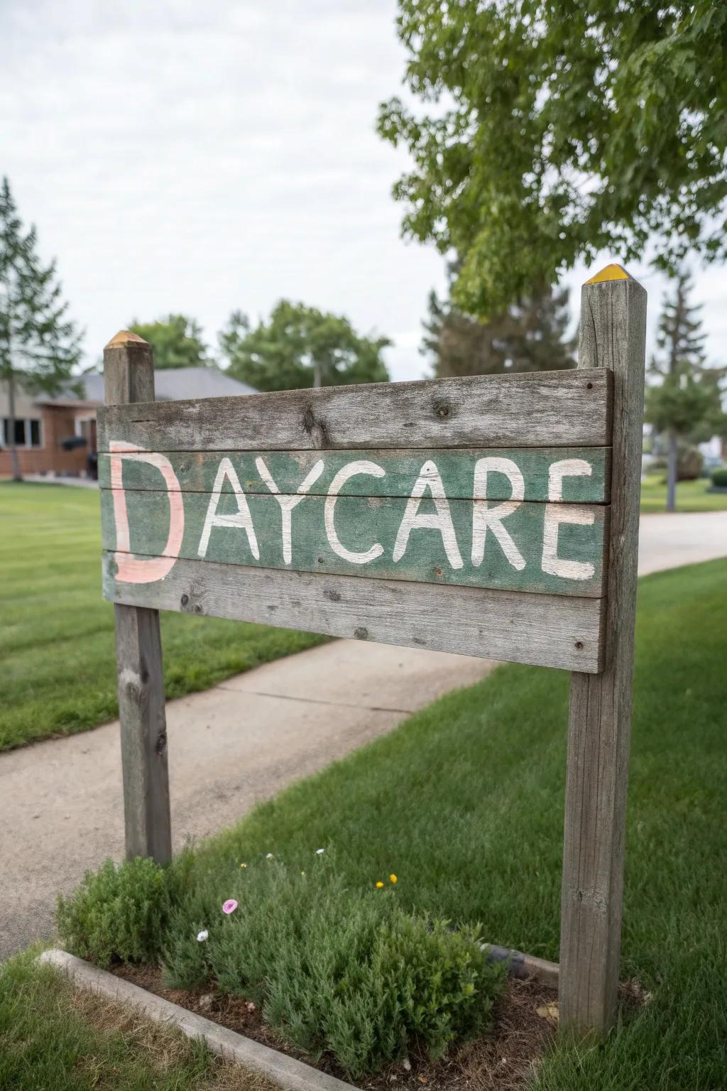 Eco-friendly materials make this daycare sign both sustainable and stylish.