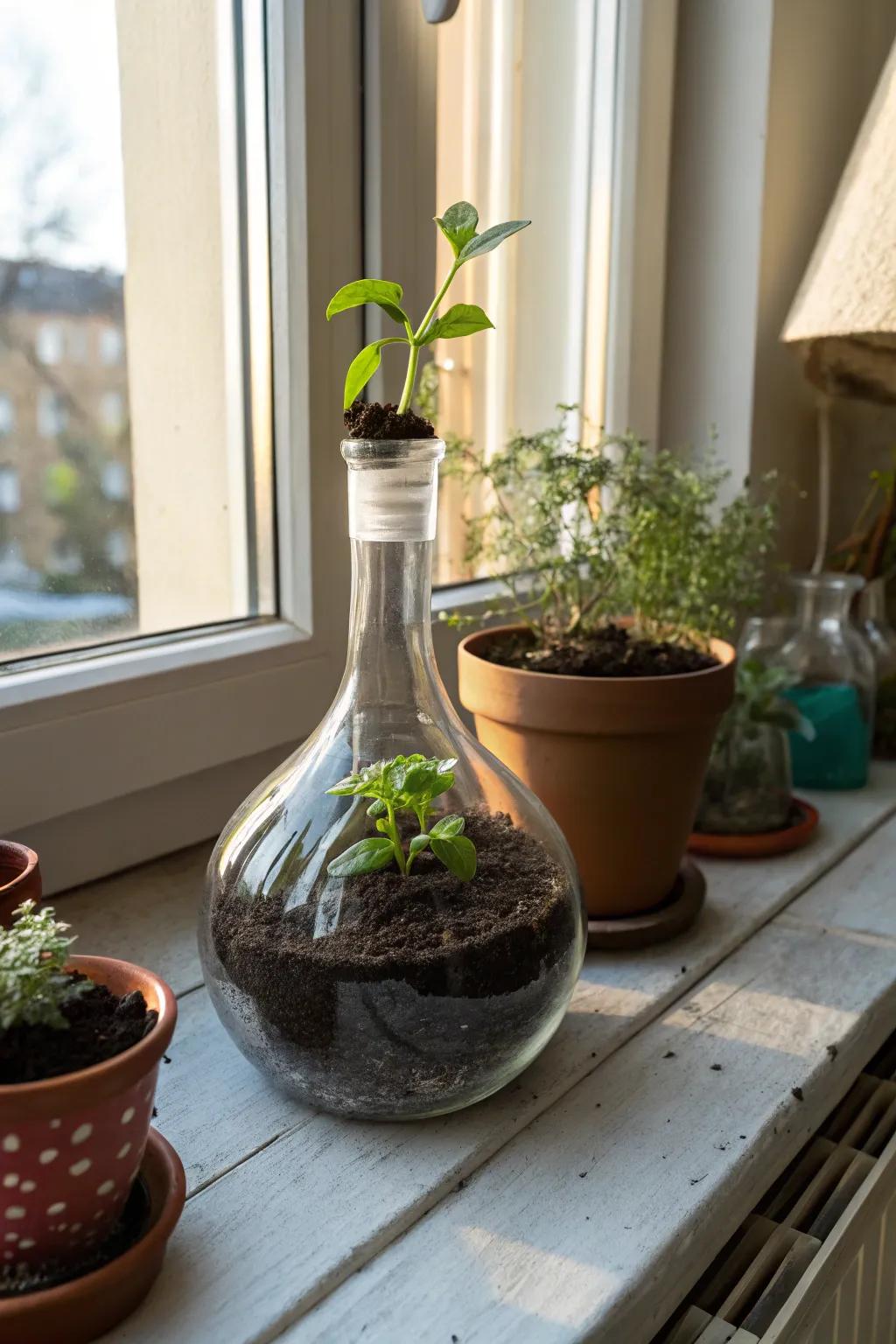 Decanters serving as unique planters for indoor greenery.