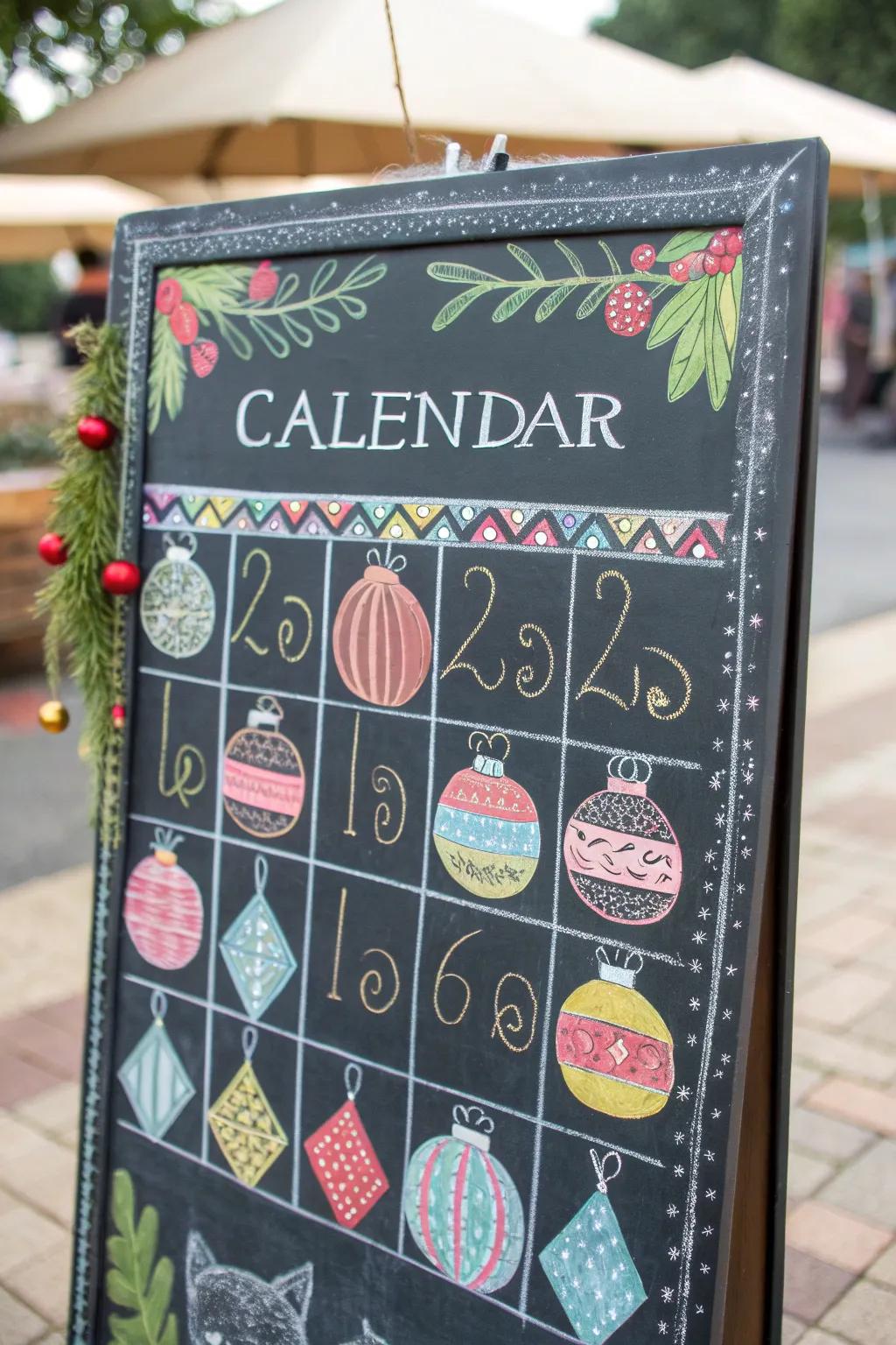 A festive chalkboard calendar with elegant ornament accents.