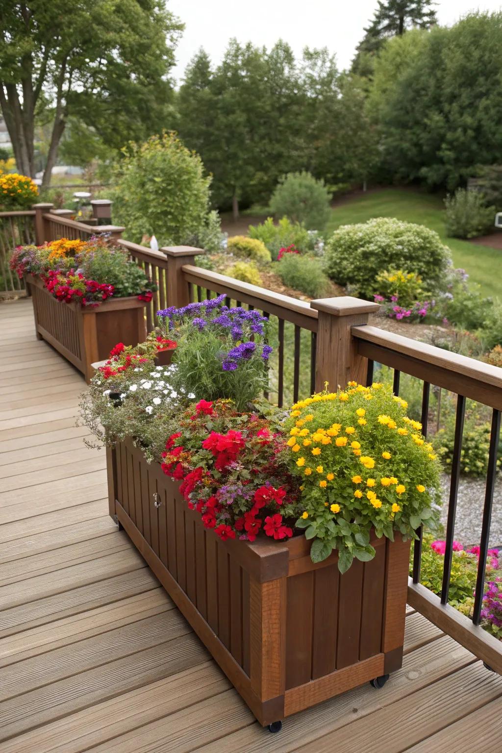 Artistic built-in planters bringing life to the deck.