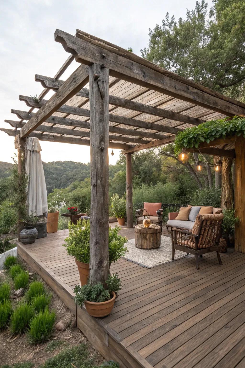 A rustic pergola with wooden elements, adding charm to a deck.