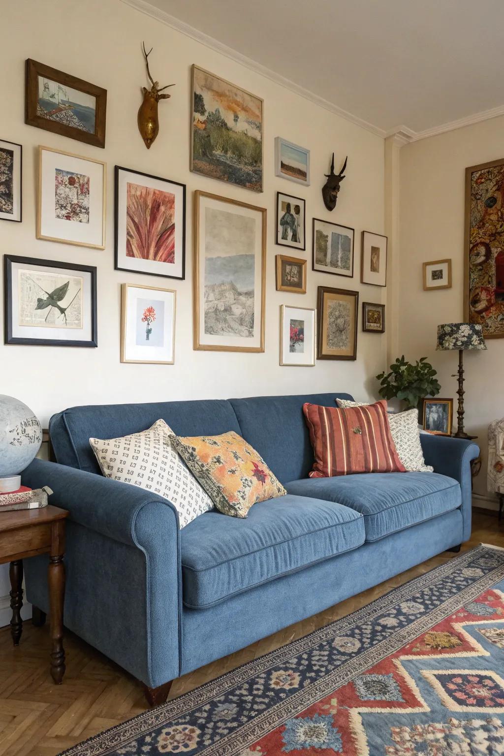 Eclectic art pieces add personality to a denim blue sofa setting.